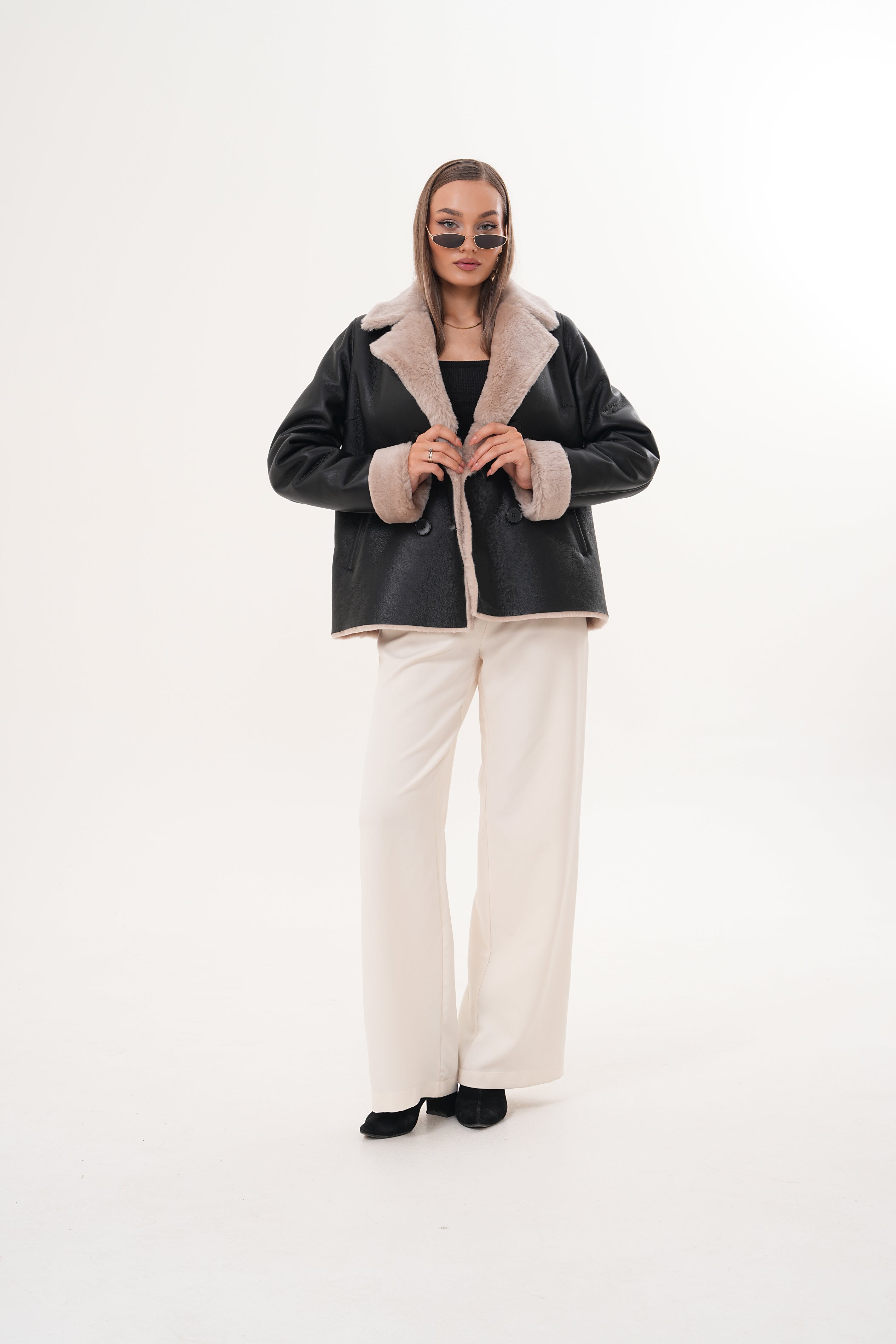 The Zurich Double-Breasted Cream Shearling Collar Leather Jacket