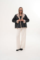 The Zurich Double-Breasted Cream Shearling Collar Leather Jacket