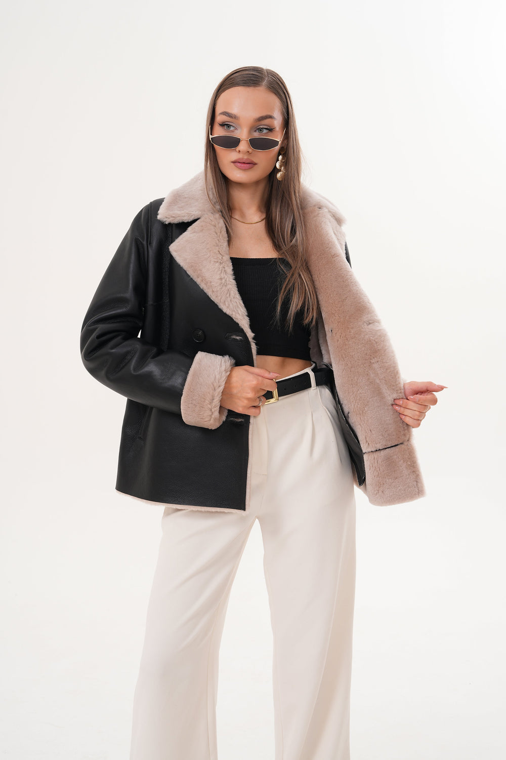 The Zurich Double-Breasted Cream Shearling Collar Leather Jacket