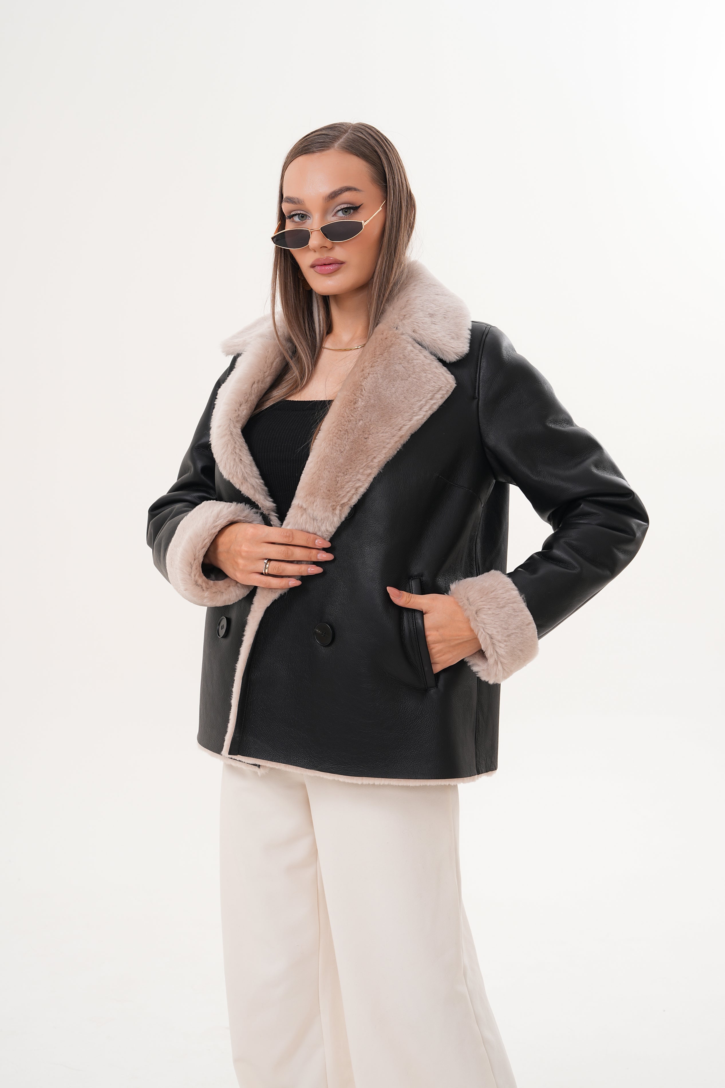 The Zurich Double-Breasted Cream Shearling Collar Leather Jacket