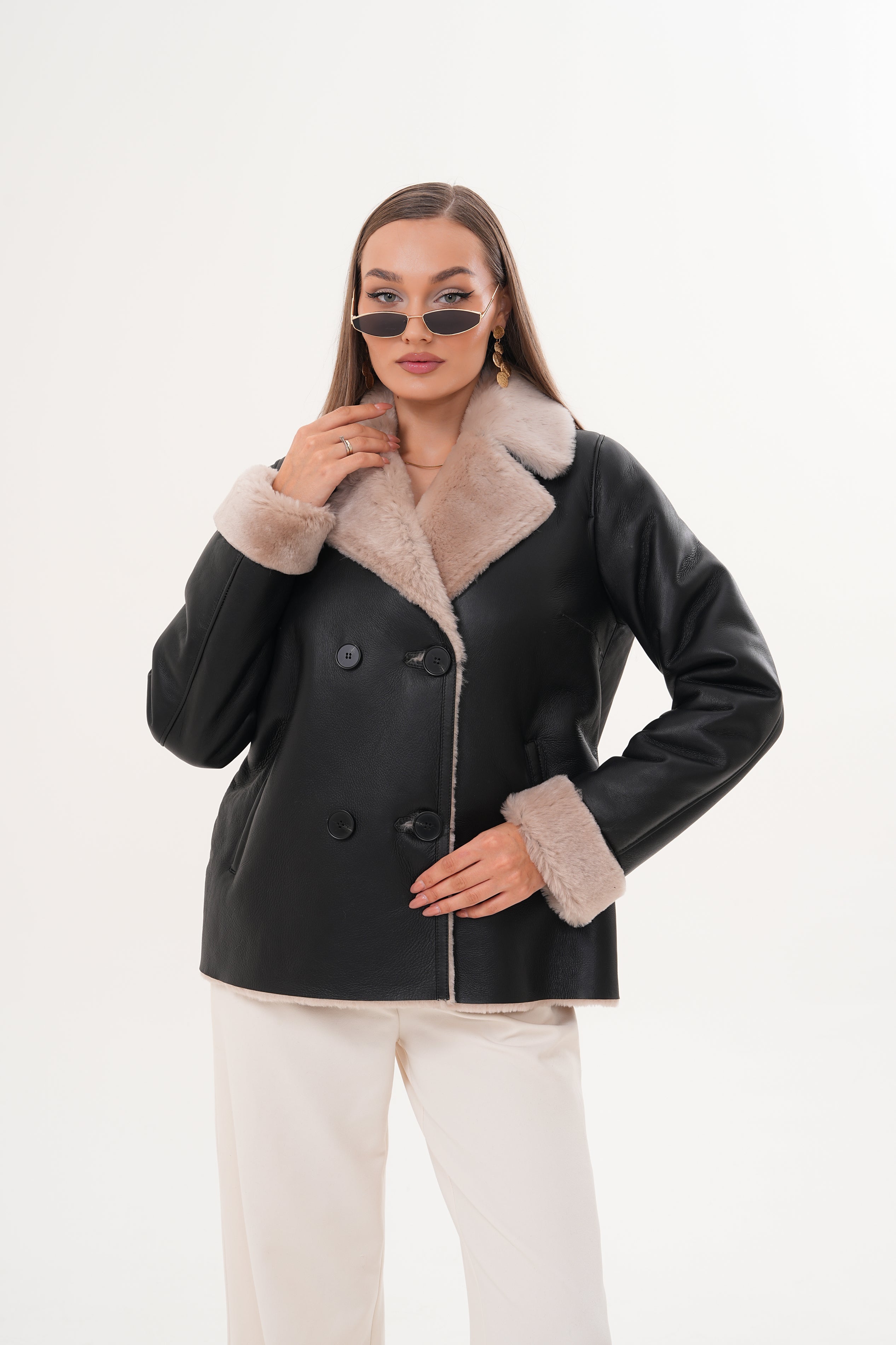 The Zurich Double-Breasted Cream Shearling Collar Leather Jacket