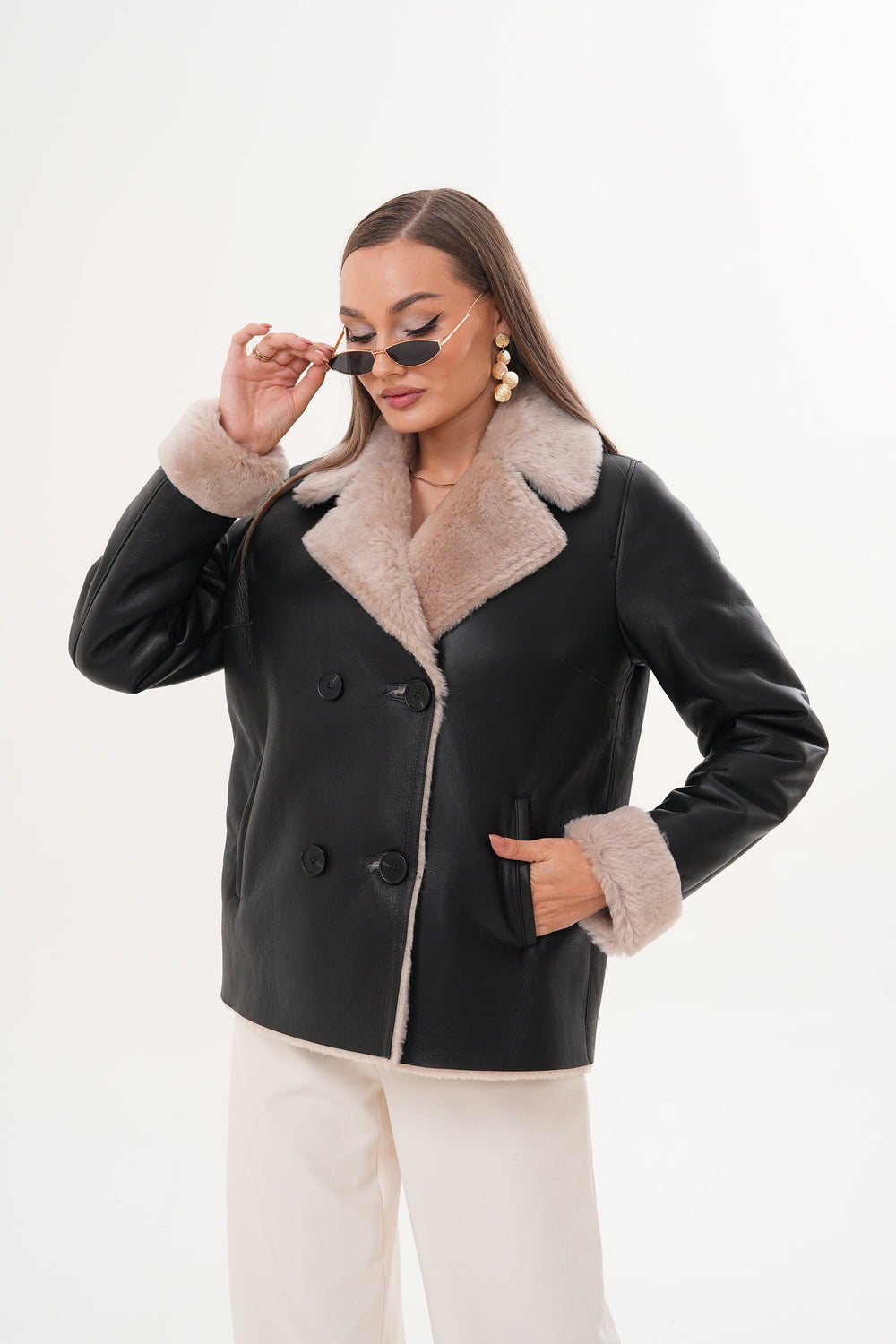 The Zurich Double-Breasted Cream Shearling Collar Leather Jacket