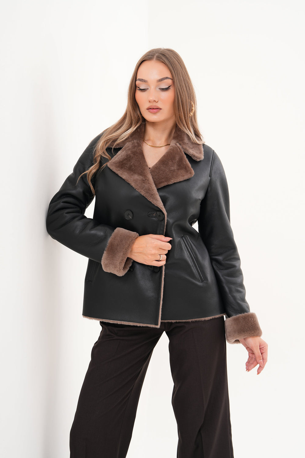 The Zurich Double-Breasted Brown Shearling Collar Leather Jacket
