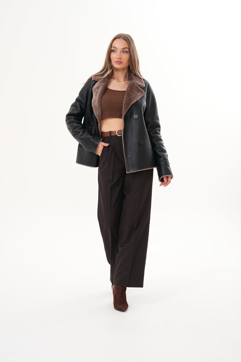 The Zurich Double-Breasted Brown Shearling Collar Leather Jacket