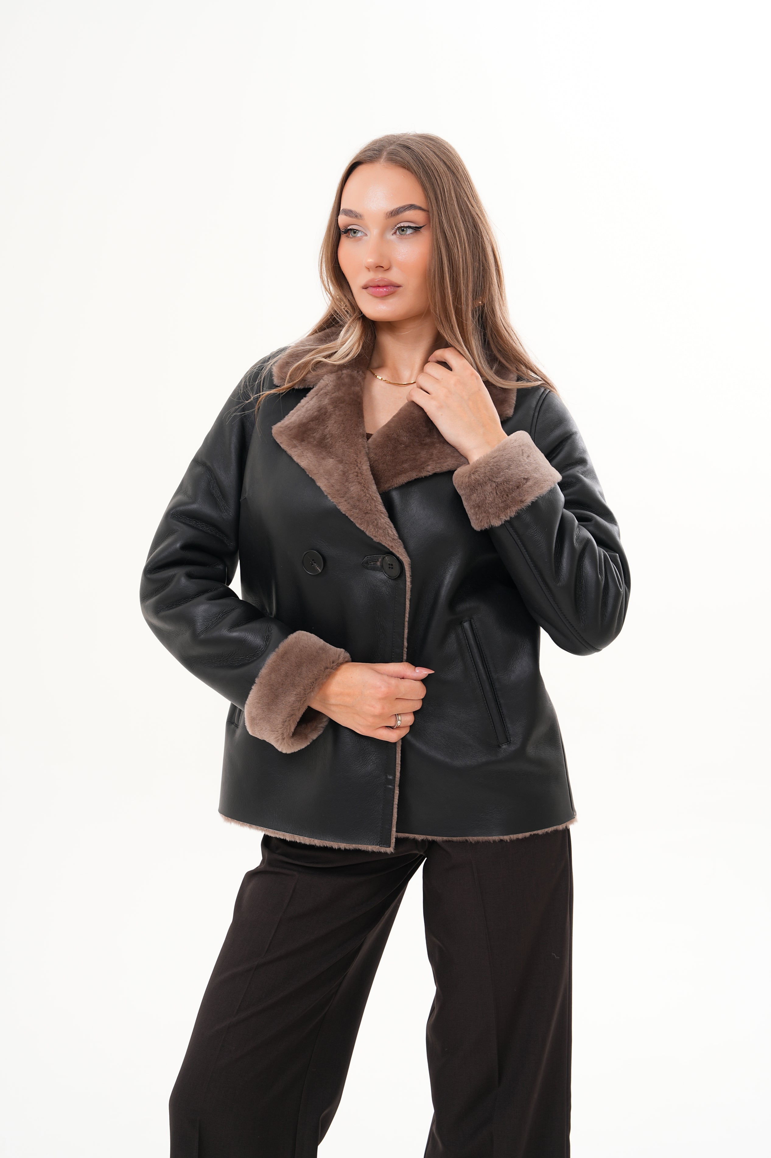 The Zurich Double-Breasted Brown Shearling Collar Leather Jacket