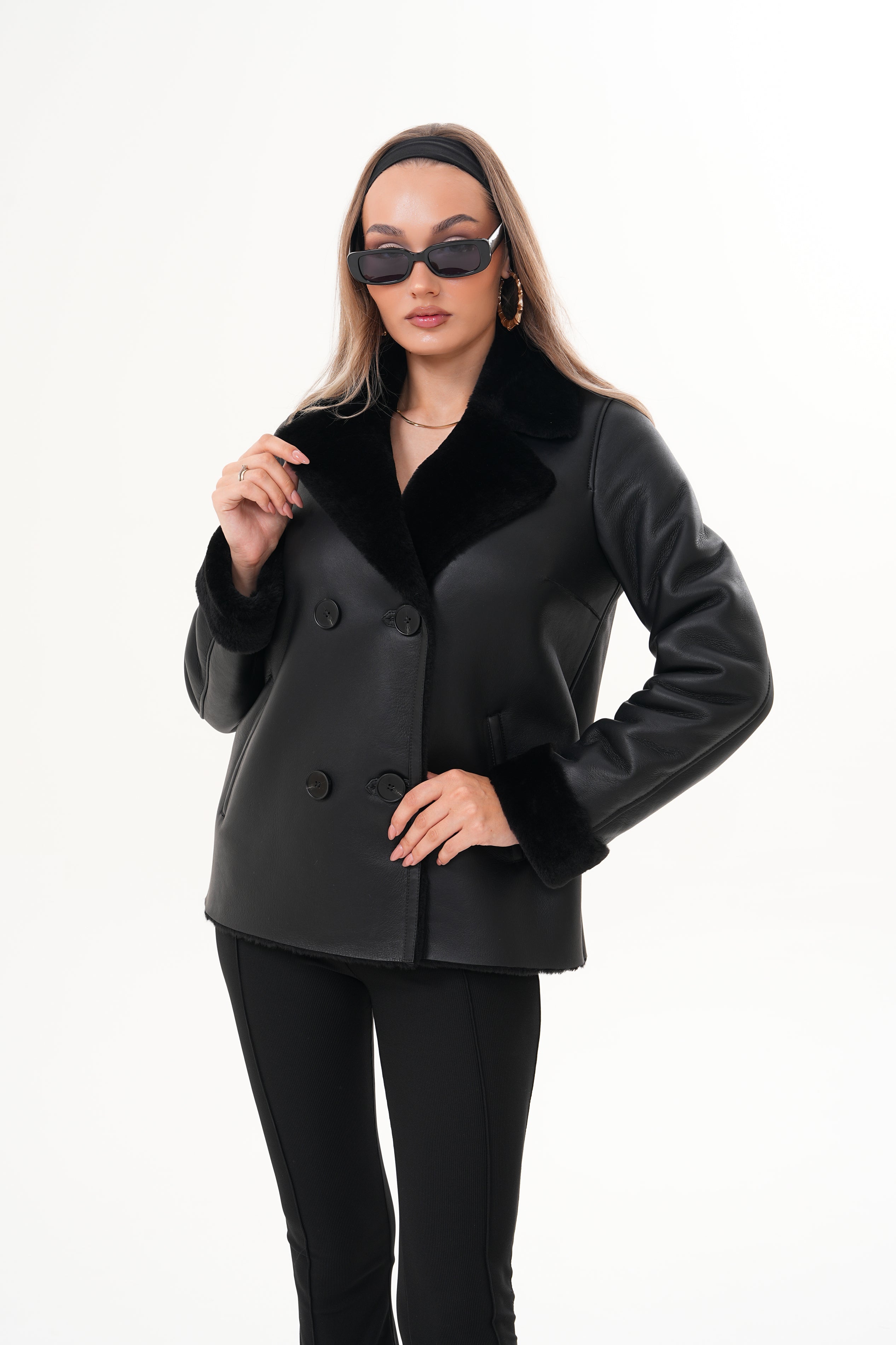 The Zurich Double-Breasted Black Shearling Leather Jacket