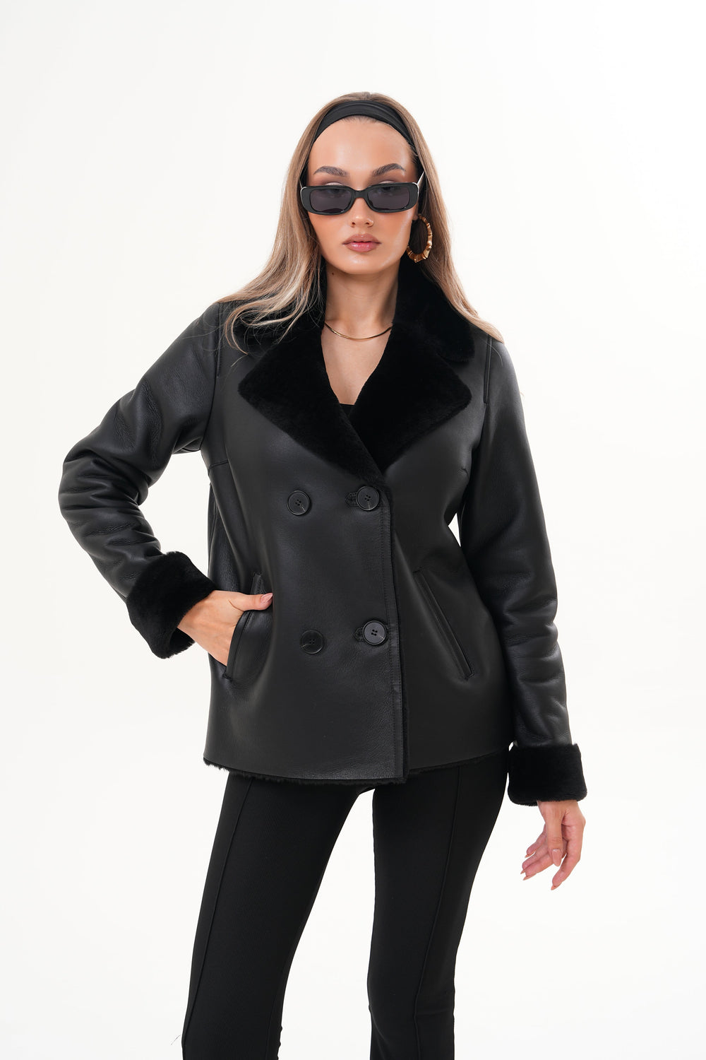 The Zurich Double-Breasted Black Shearling Leather Jacket