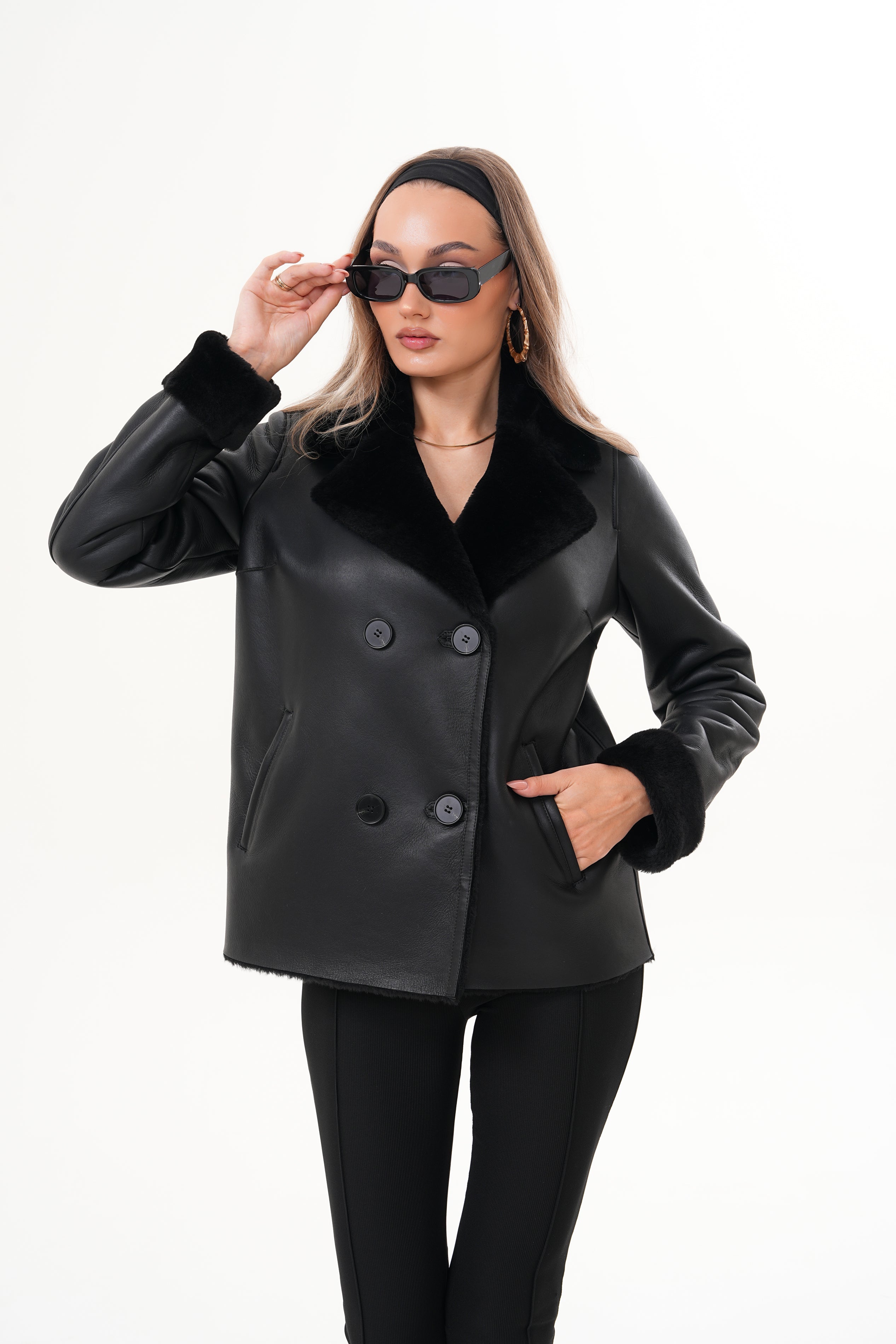 The Zurich Double-Breasted Black Shearling Leather Jacket