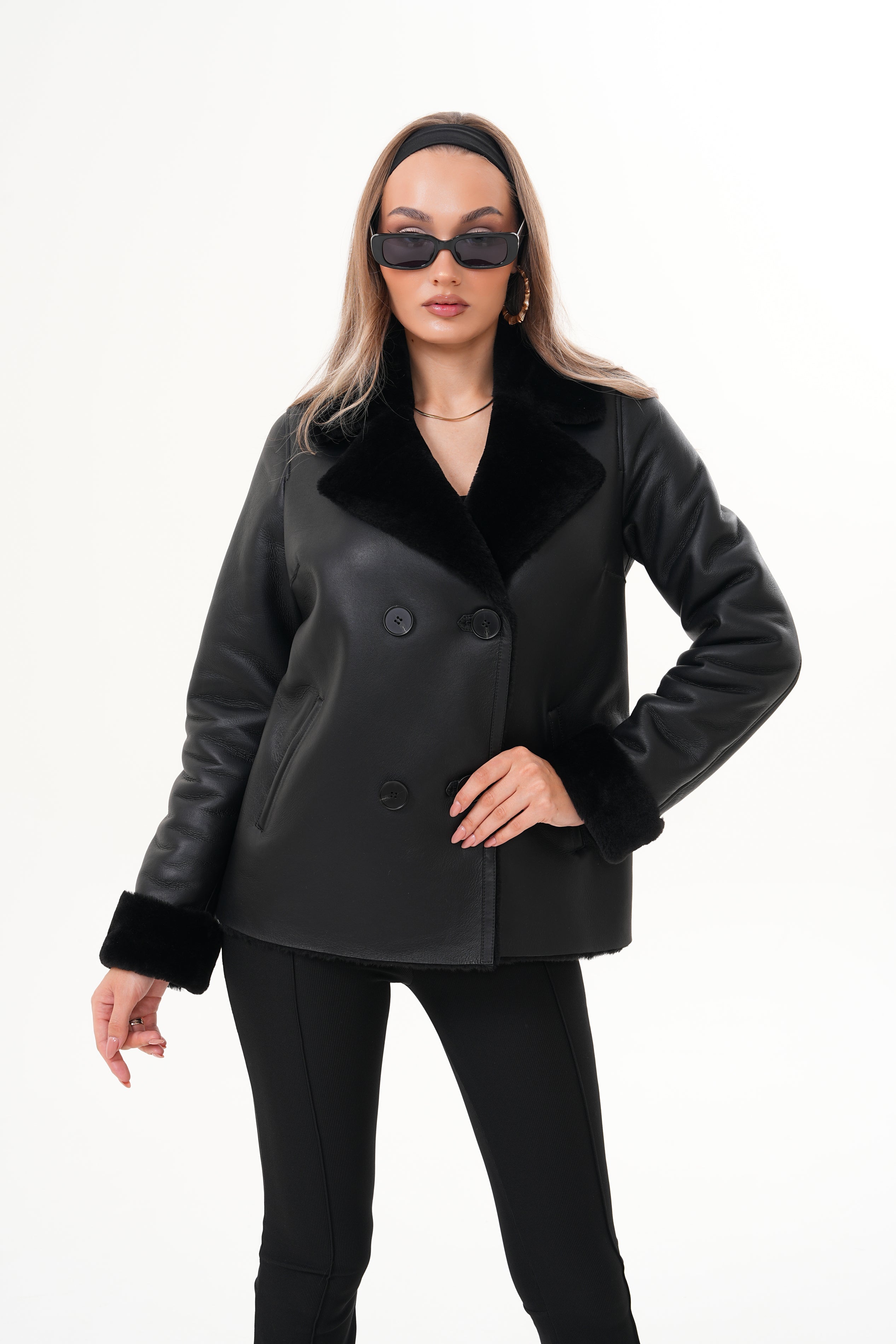 The Zurich Double-Breasted Black Shearling Leather Jacket