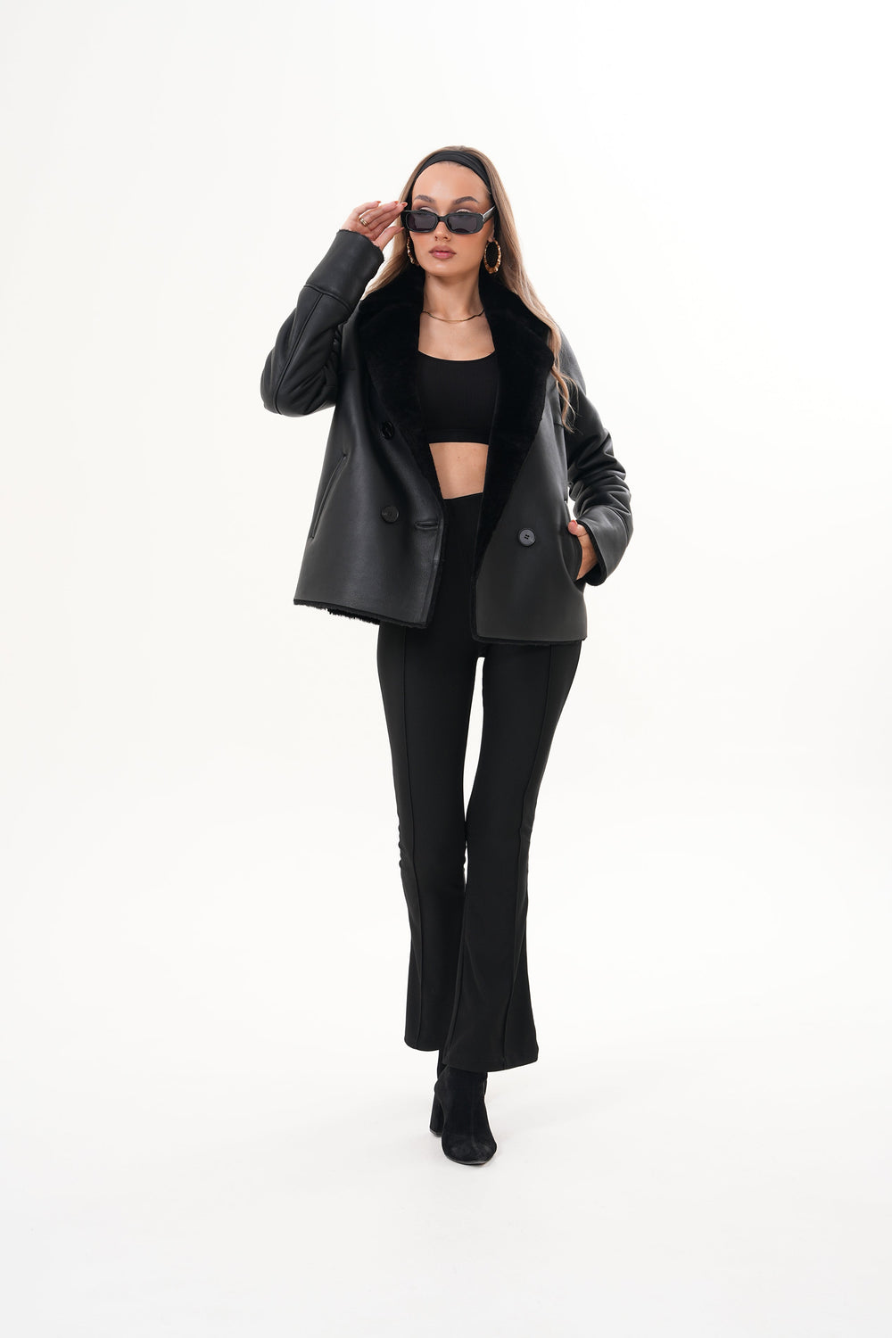 The Zurich Double-Breasted Black Shearling Leather Jacket