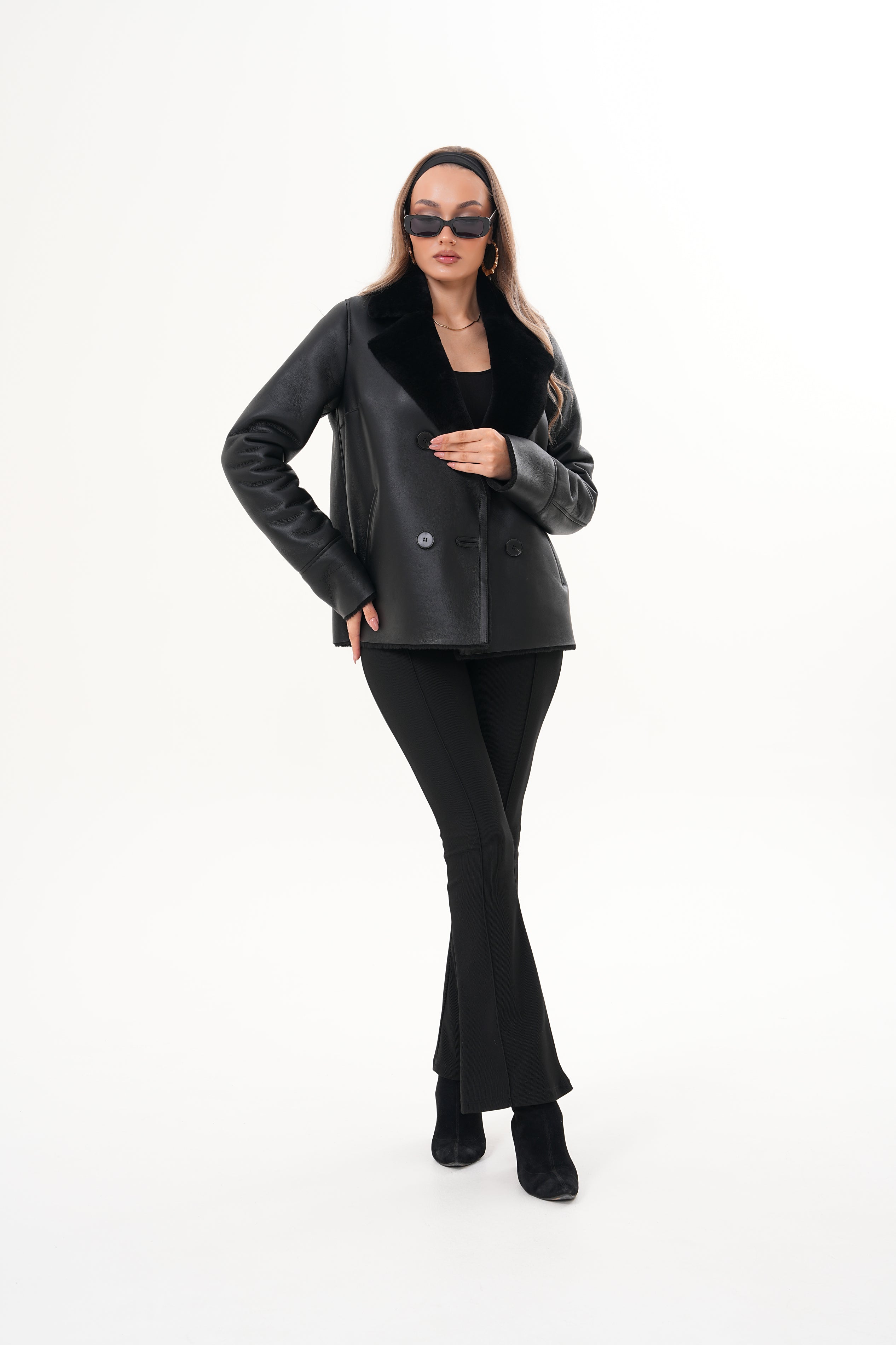 The Zurich Double-Breasted Black Shearling Leather Jacket
