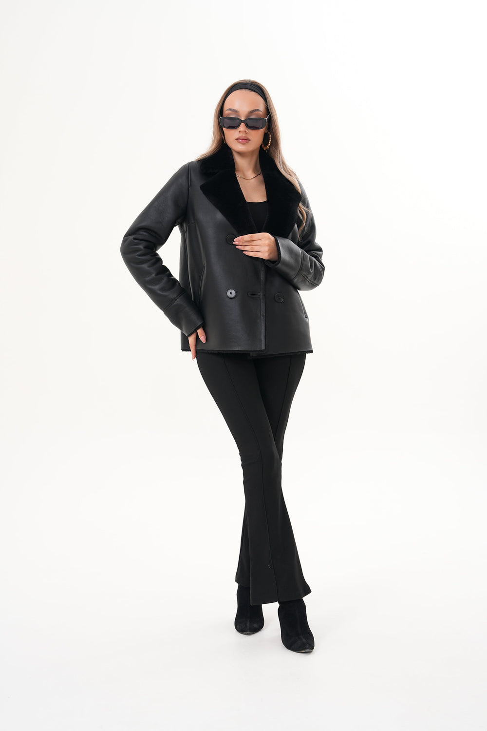 The Zurich Double-Breasted Black Shearling Leather Jacket