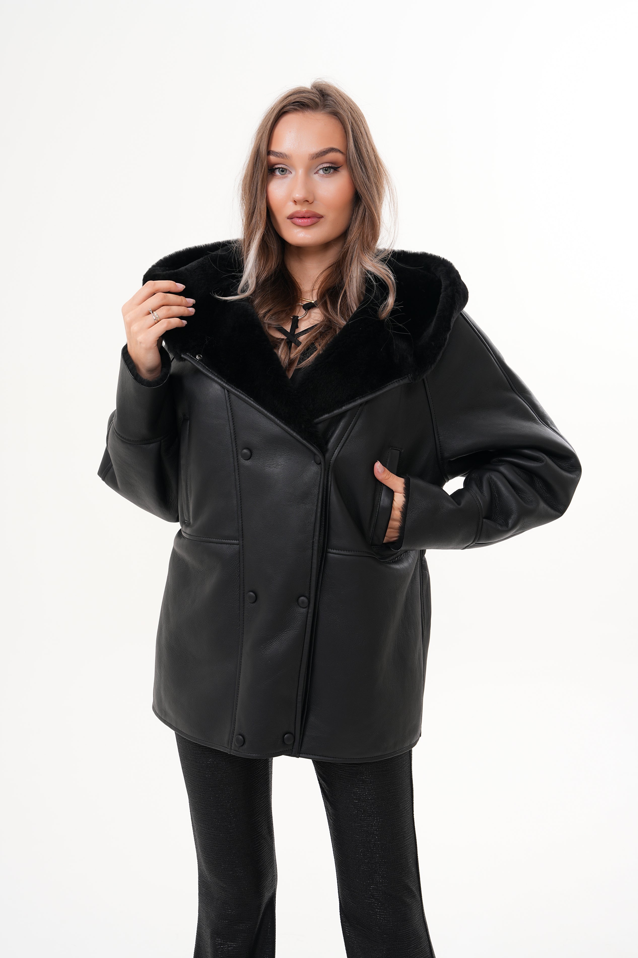 The Denali Hooded Black Shearling Leather Jacket