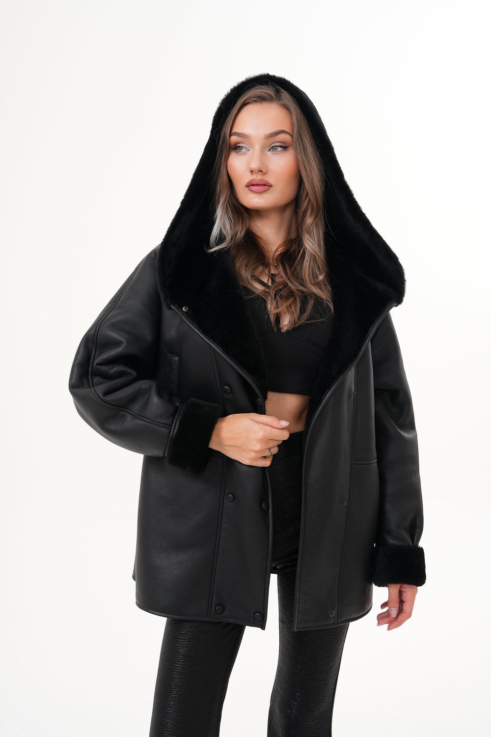 The Denali Hooded Black Shearling Leather Jacket