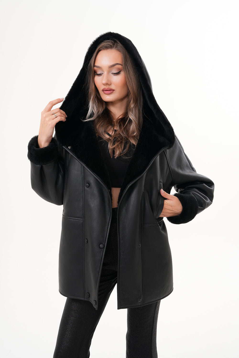 The Denali Hooded Black Shearling Leather Jacket