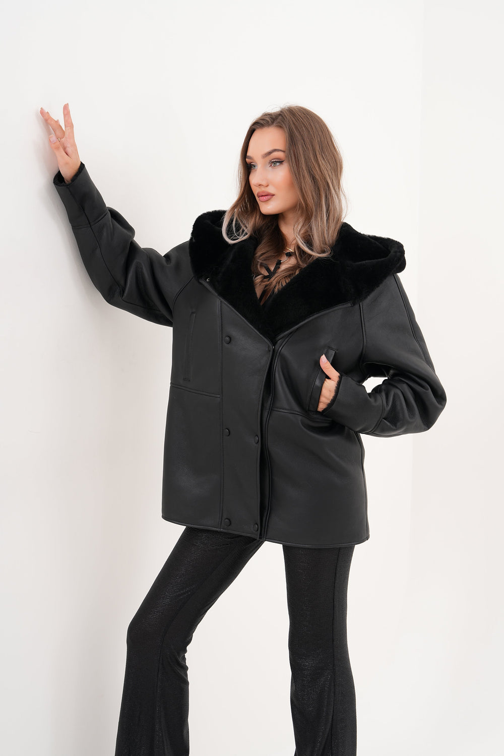 The Denali Hooded Black Shearling Leather Jacket