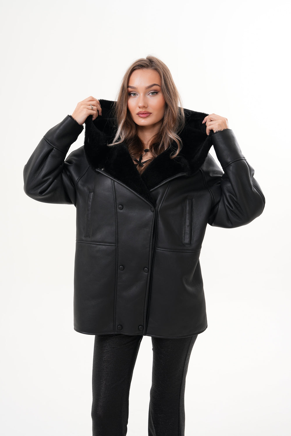 The Denali Hooded Black Shearling Leather Jacket