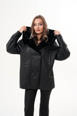 The Denali Hooded Black Shearling Leather Jacket