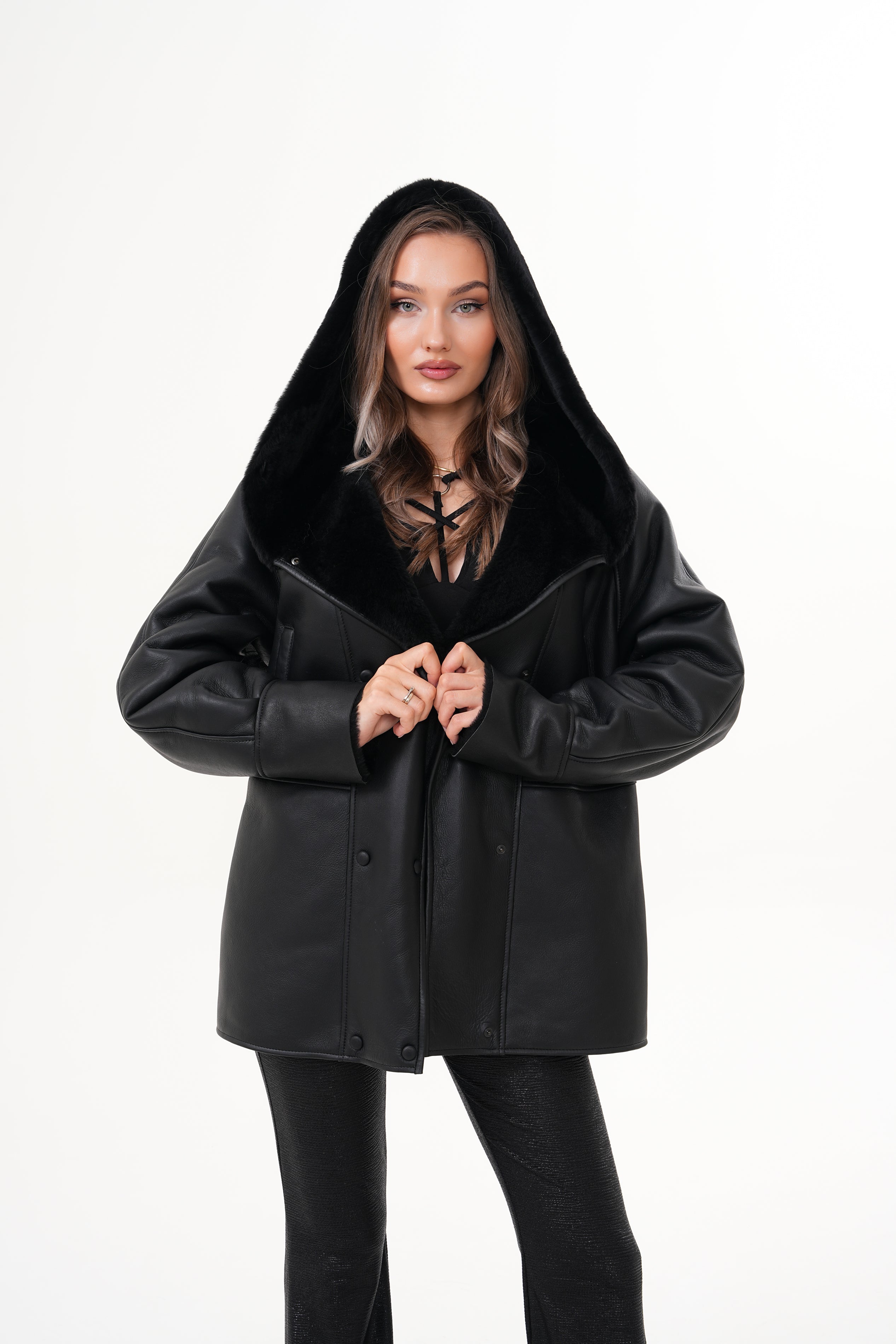 The Denali Hooded Black Shearling Leather Jacket
