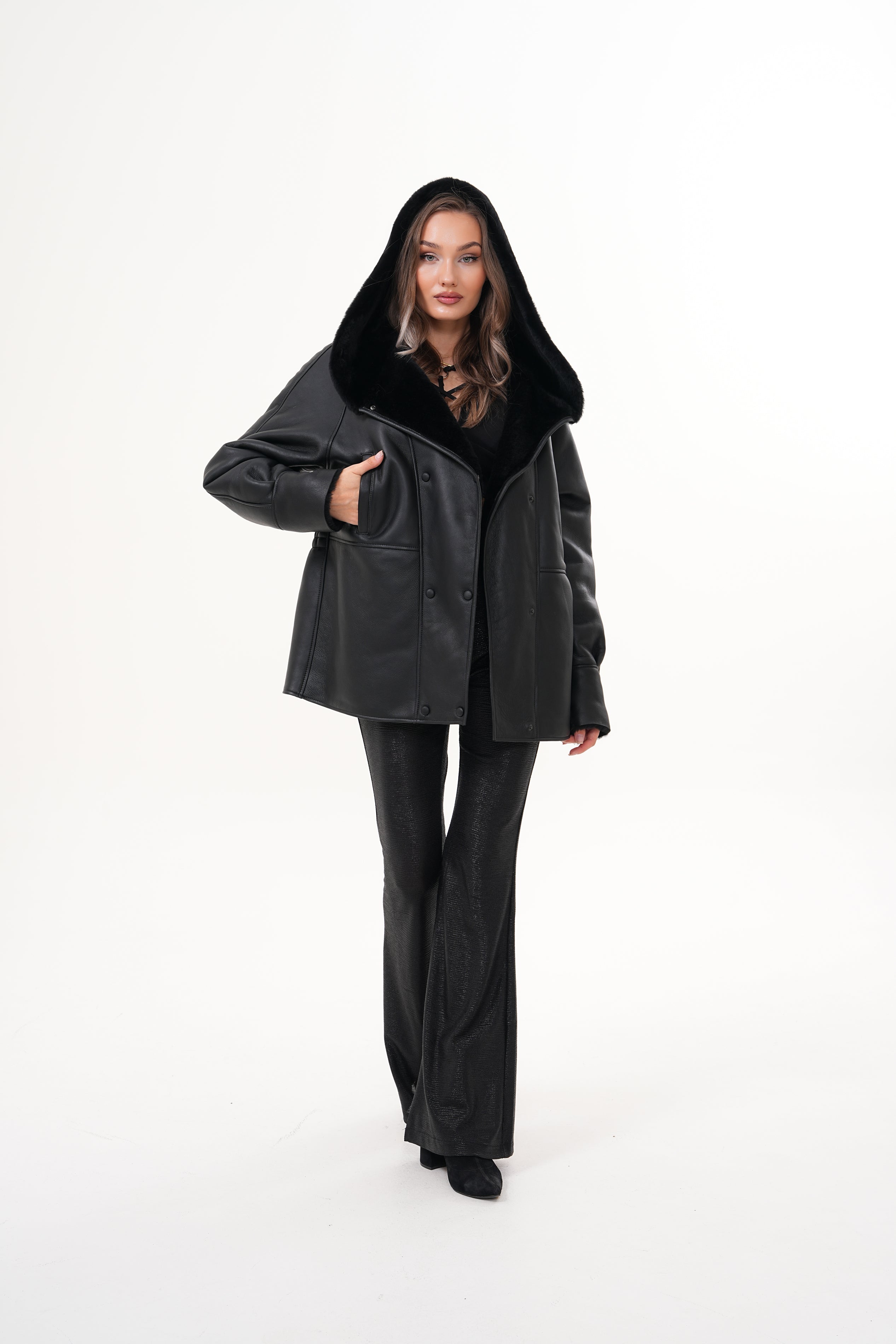 The Denali Hooded Black Shearling Leather Jacket