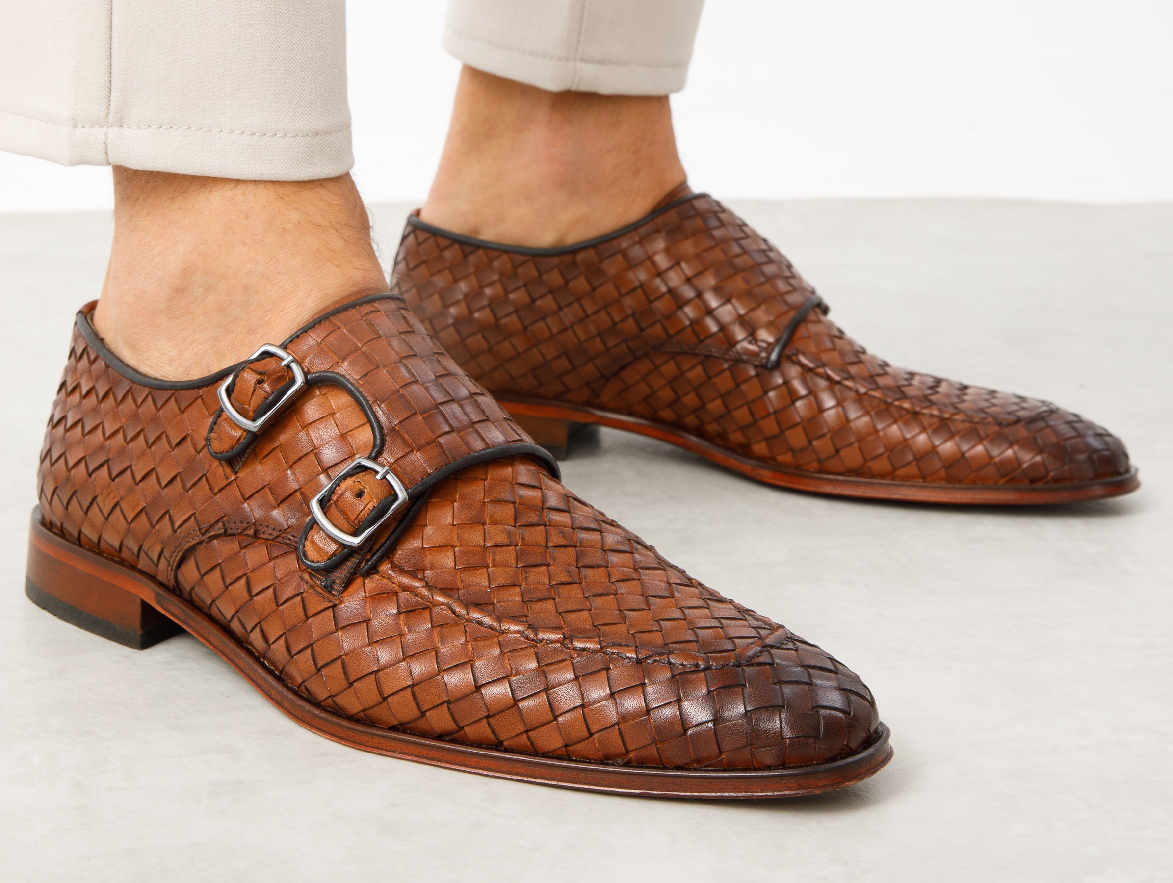 The Turan Brown Woven Double Monk Strap Dress Shoe