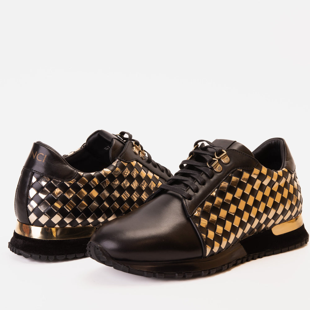 The Mackenzie Black Gold Woven Leather Sneaker