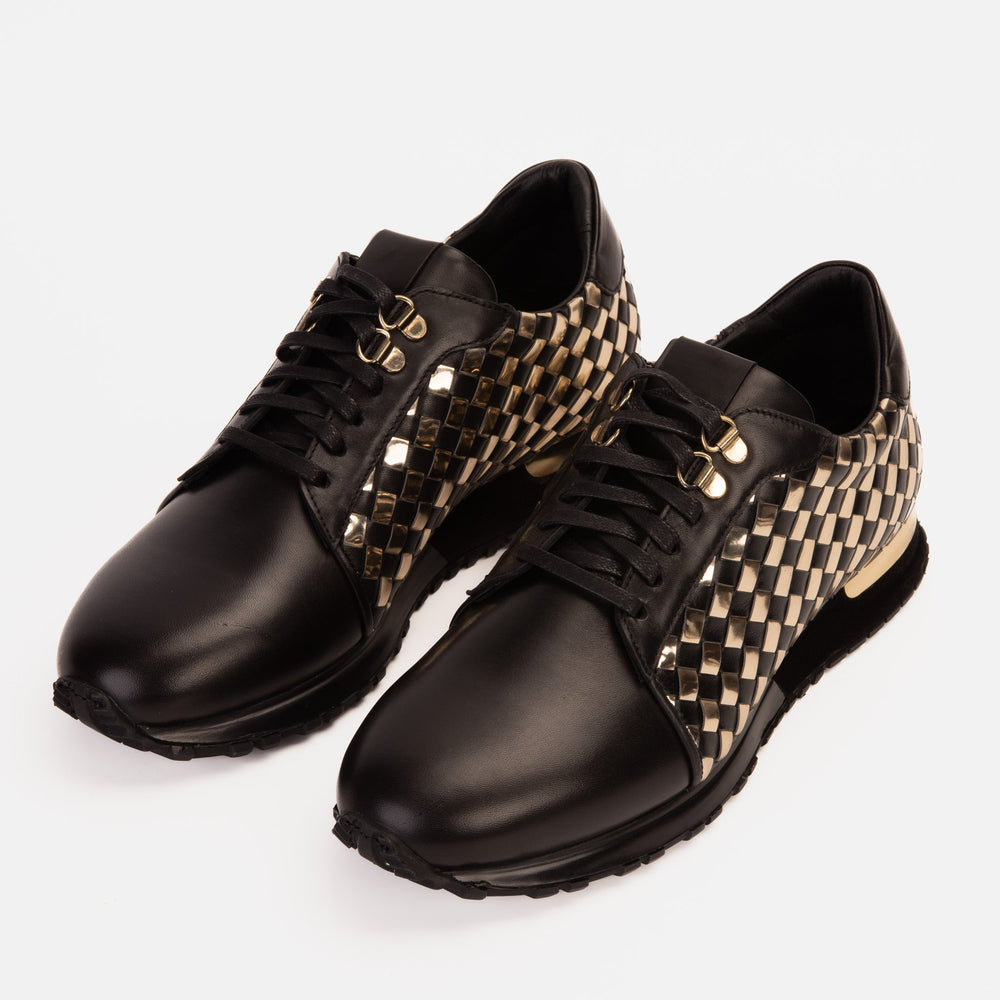The Mackenzie Black Gold Woven Leather Sneaker
