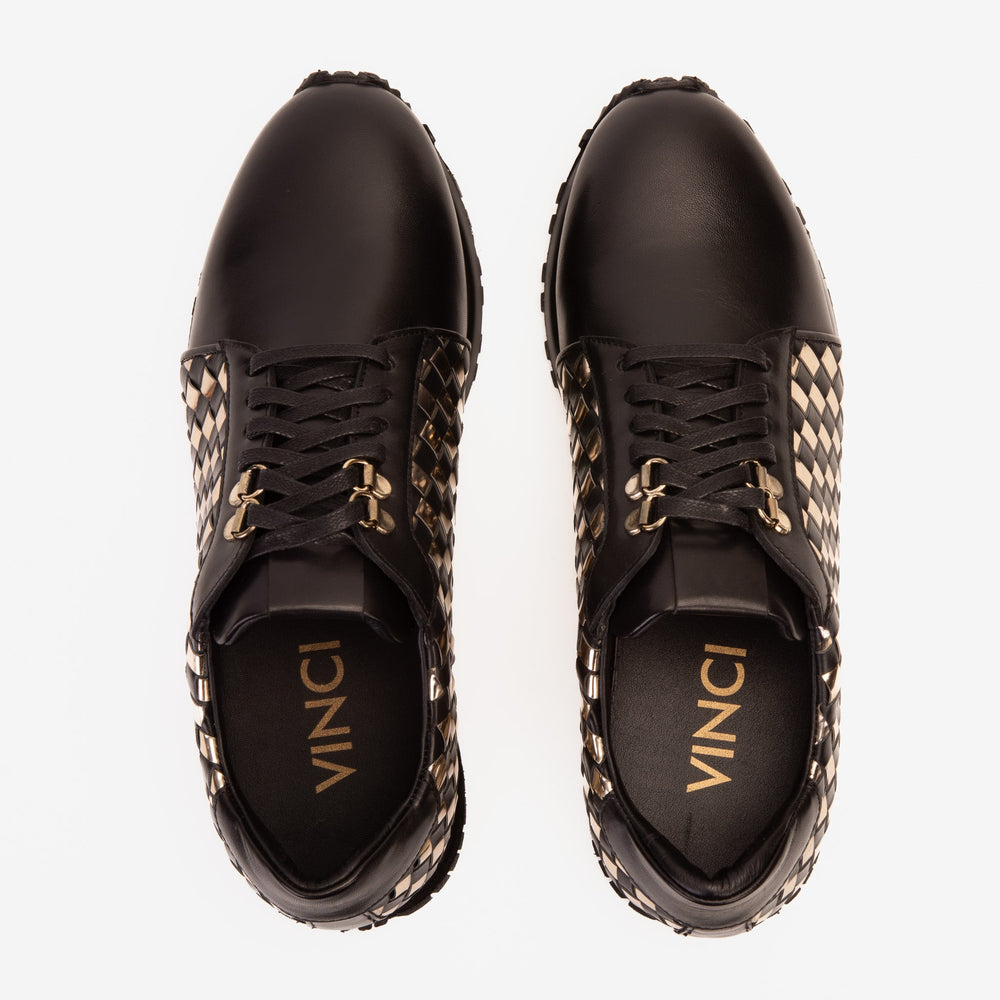 The Mackenzie Black Gold Woven Leather Sneaker