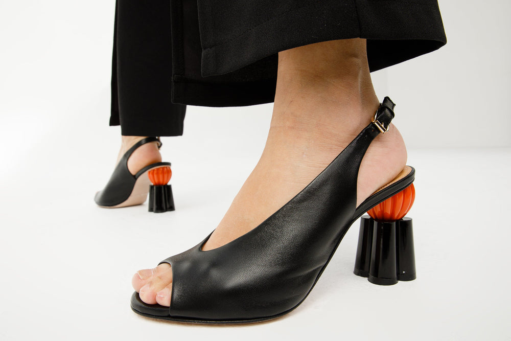 The Cimla Pumpkin Heel Black Leather Sandal