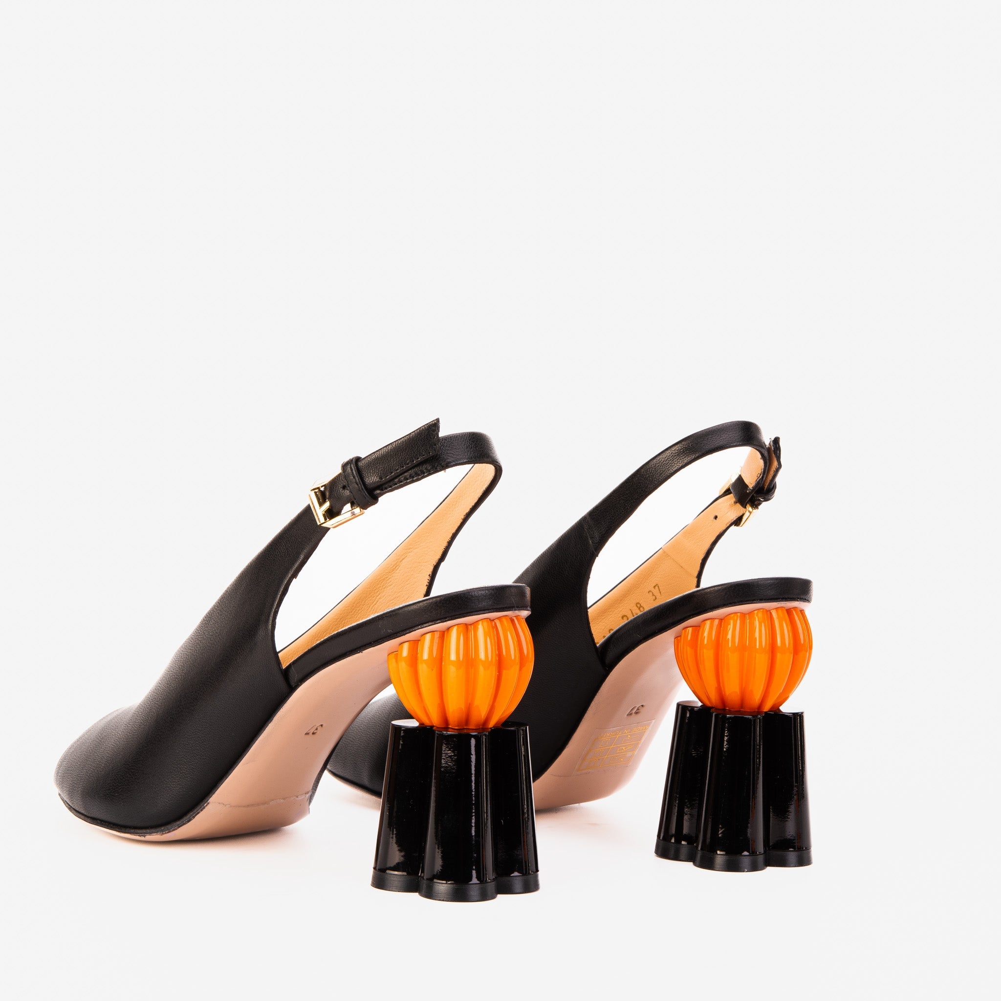 The Cimla Pumpkin Heel Black Leather Sandal