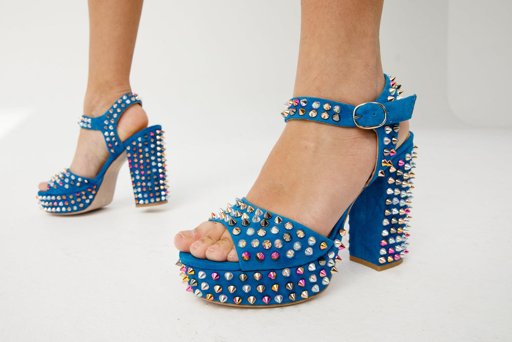 The Tampico Blue Suede Leather Spike Platform Heel Sandal