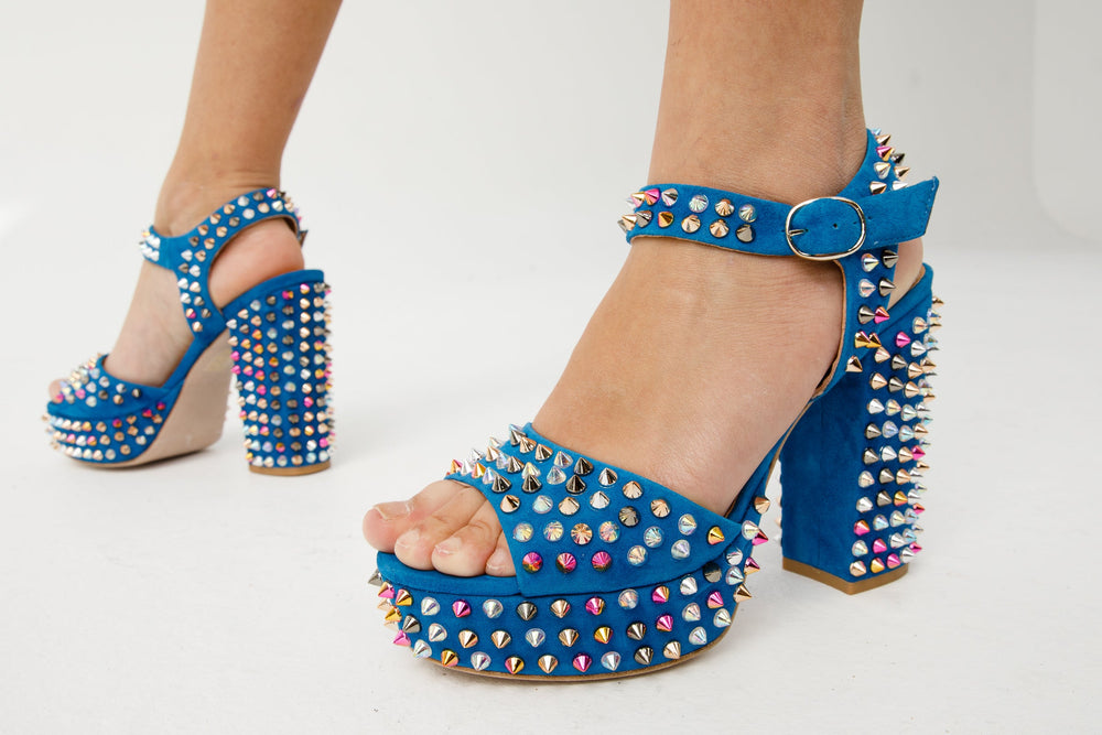 The Tampico Blue Suede Leather Spike Platform Heel Sandal