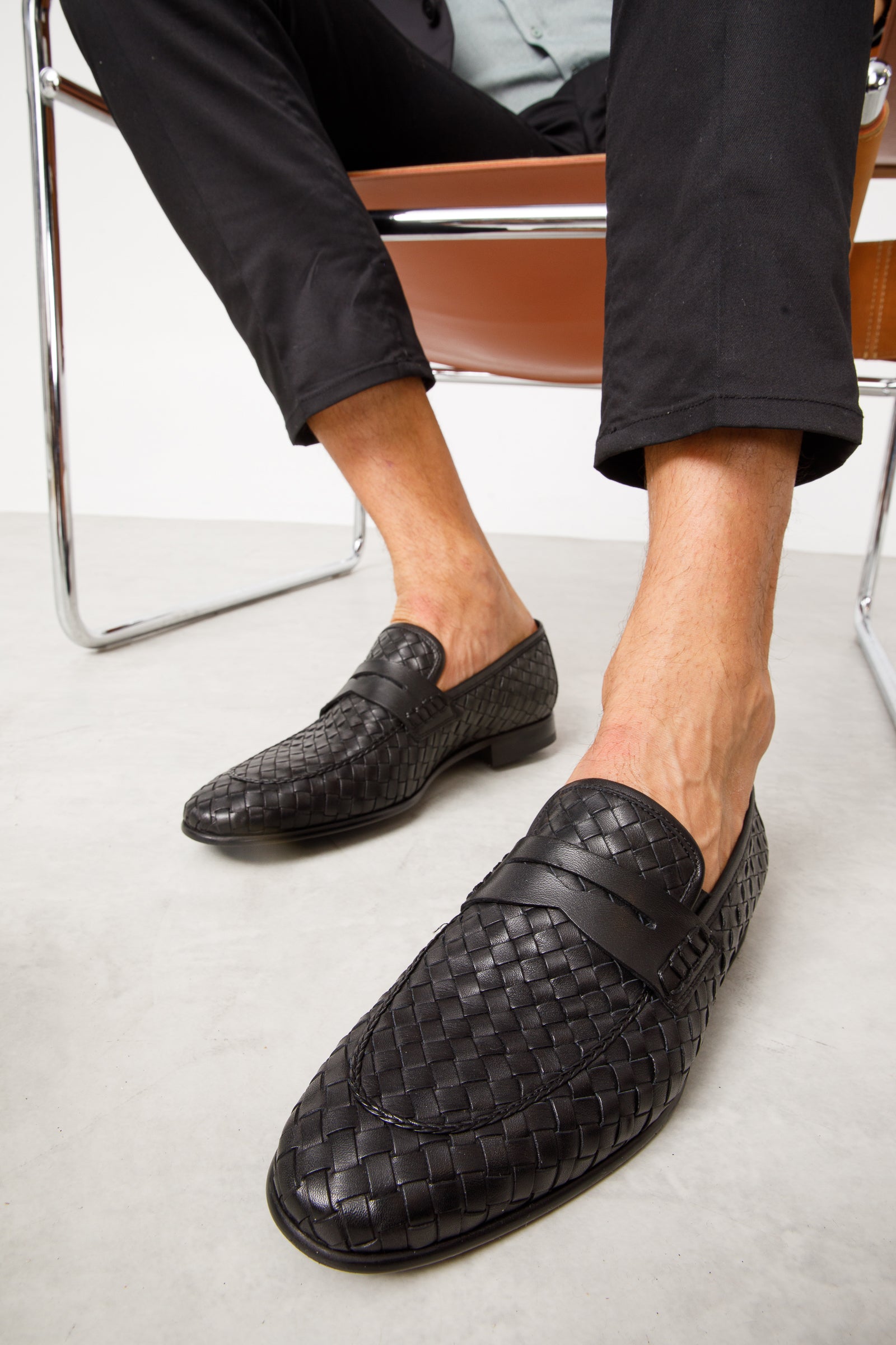 The Grand Woven Leather Black  Shoe Penny Loafer