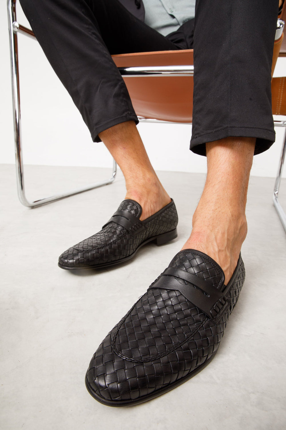 The Grand Woven Leather Black  Shoe Penny Loafer
