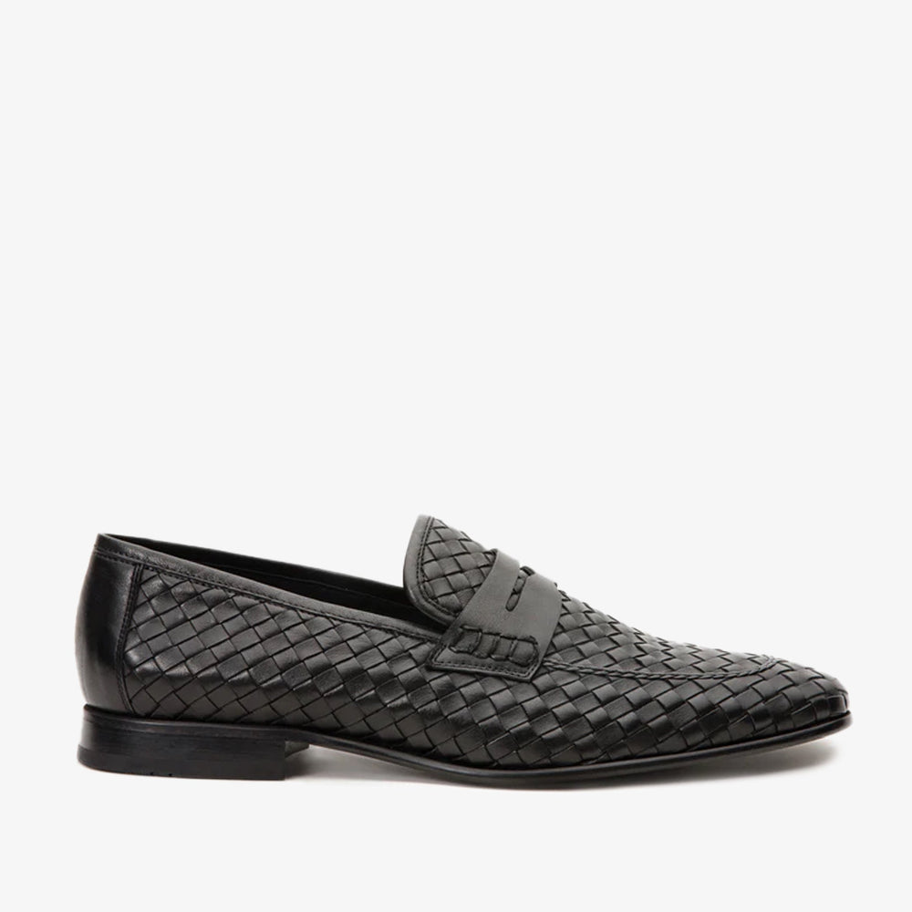 The Grand Woven Leather Black  Shoe Penny Loafer