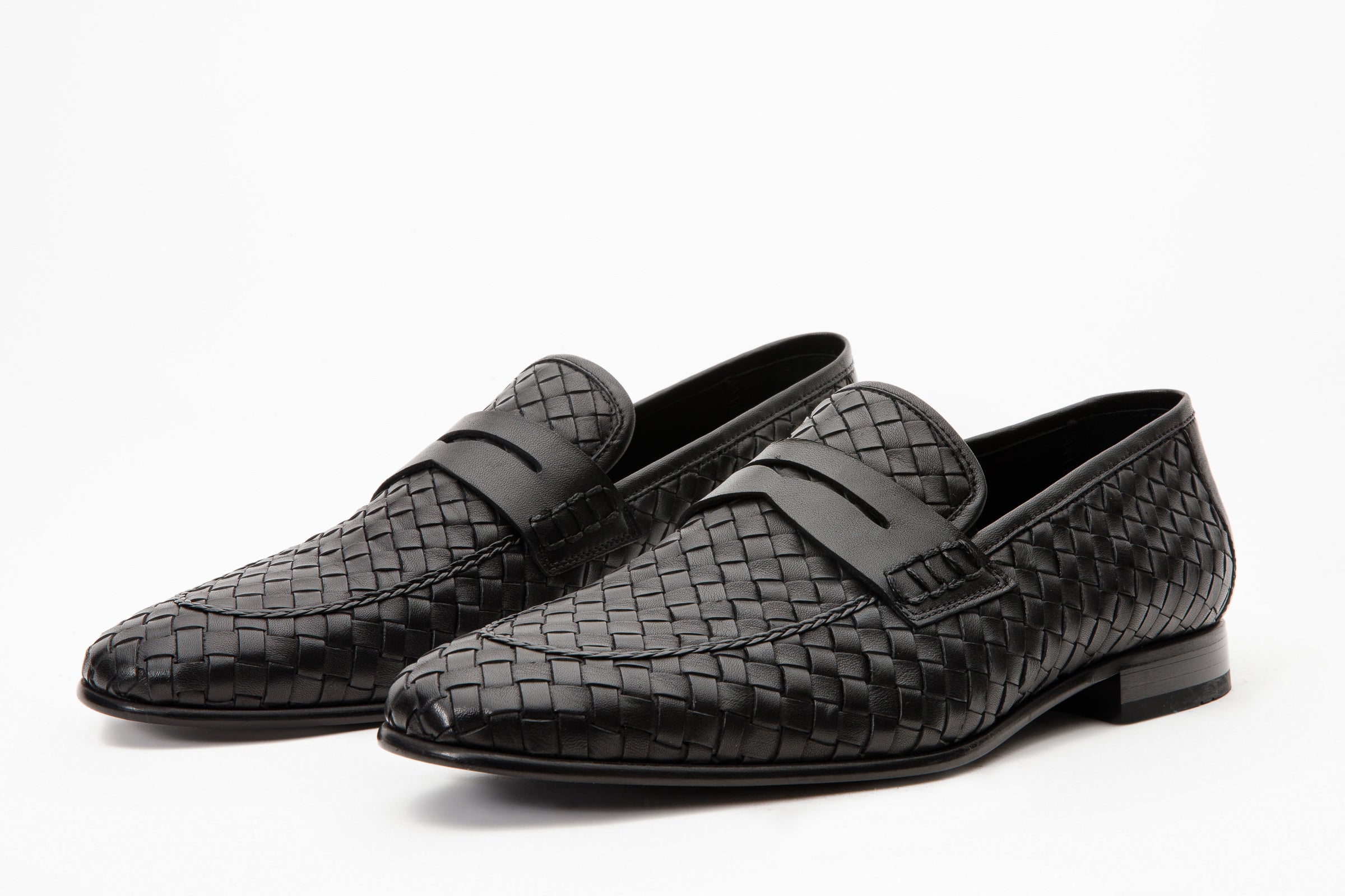 The Grand Woven Leather Black  Shoe Penny Loafer