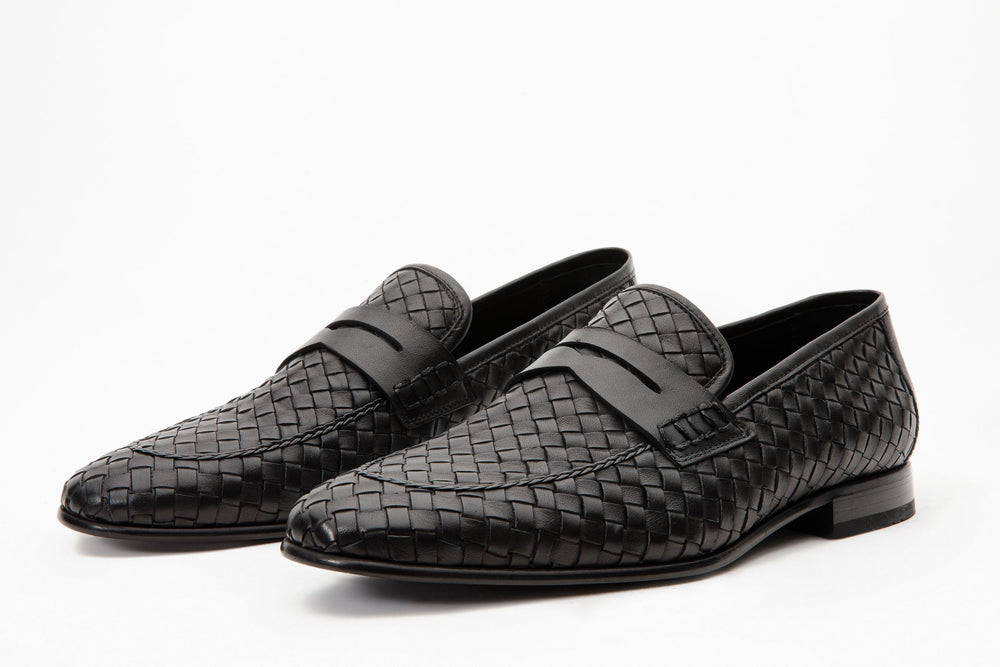 The Grand Woven Leather Black  Shoe Penny Loafer