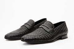 The Grand Woven Leather Black  Shoe Penny Loafer