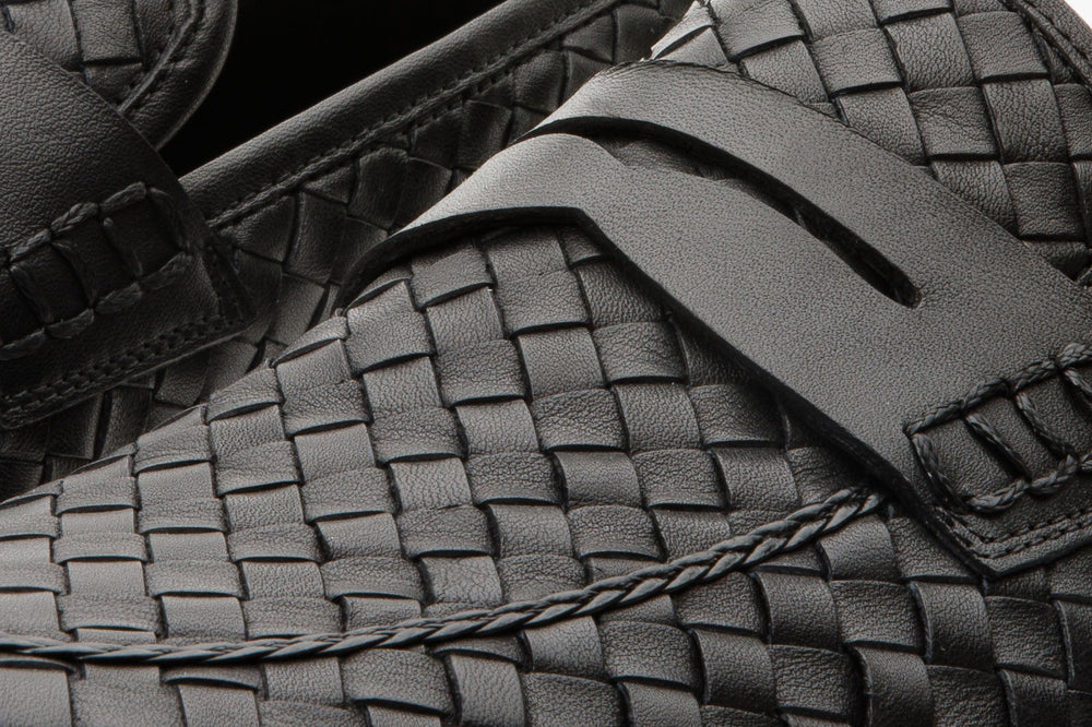 The Grand Woven Leather Black  Shoe Penny Loafer