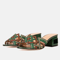 The Palma Green Glitter Leather Block Heel Sandal