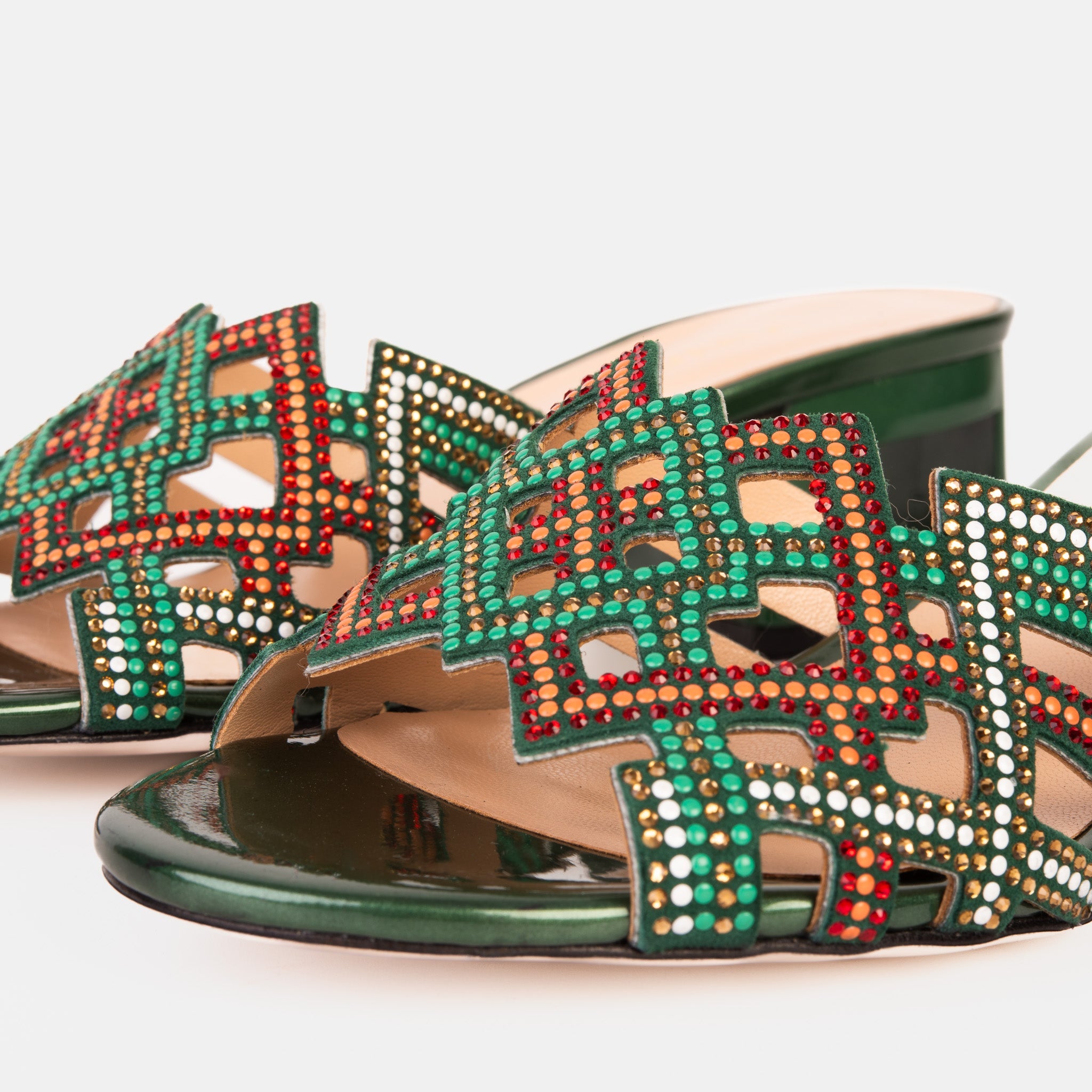 The Palma Green Glitter Leather Block Heel Sandal