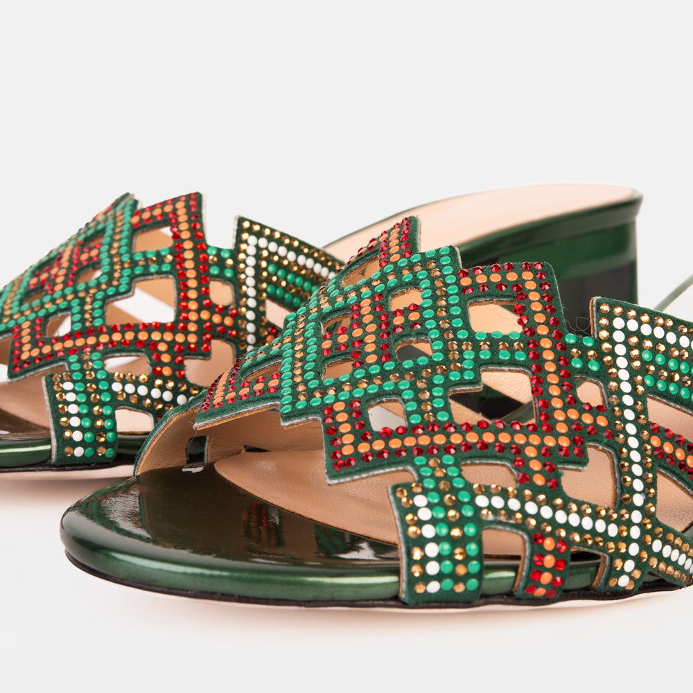 The Palma Green Glitter Leather Block Heel Sandal