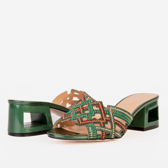 The Palma Green Glitter Leather Block Heel Sandal