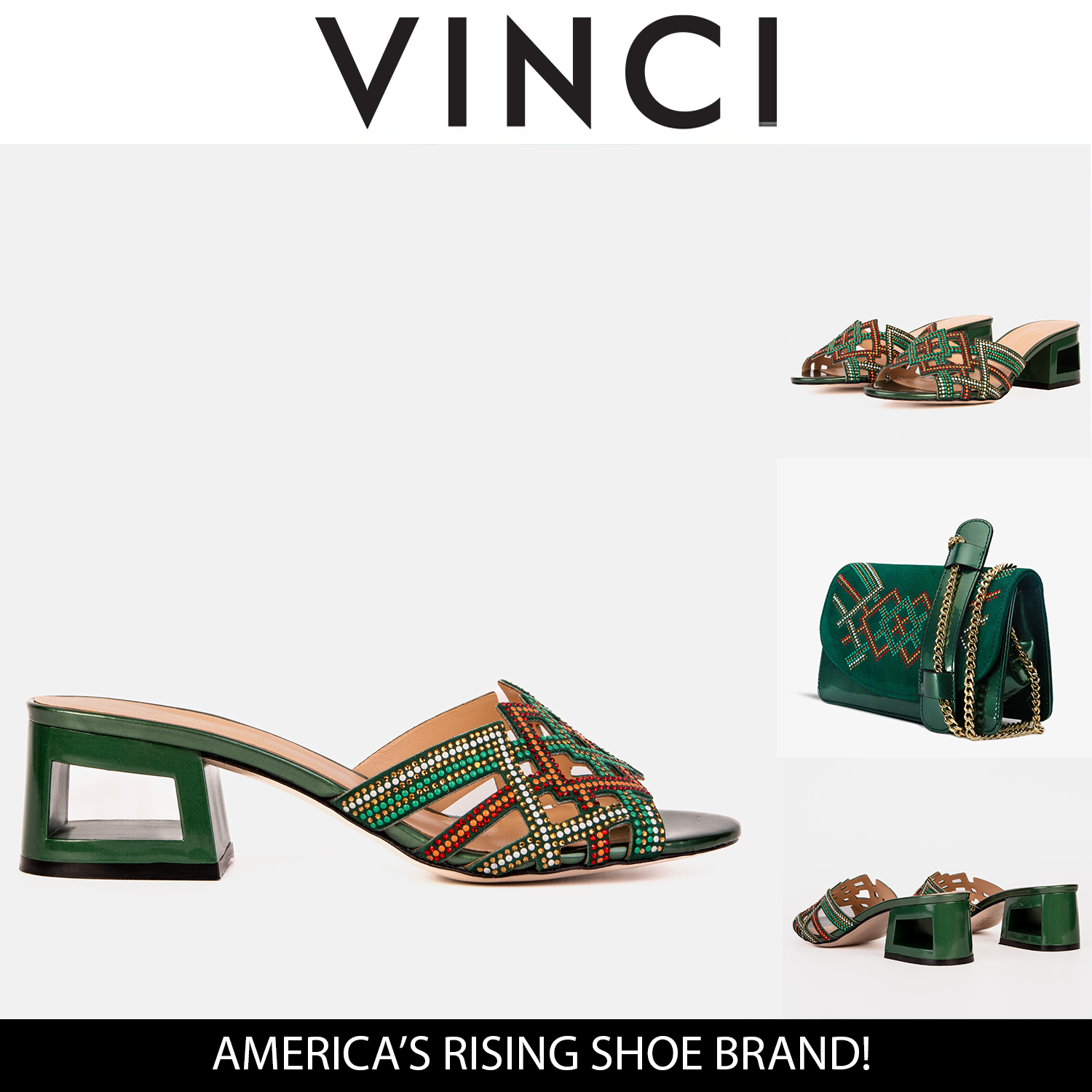 The Palma Green Glitter Leather Block Heel Sandal