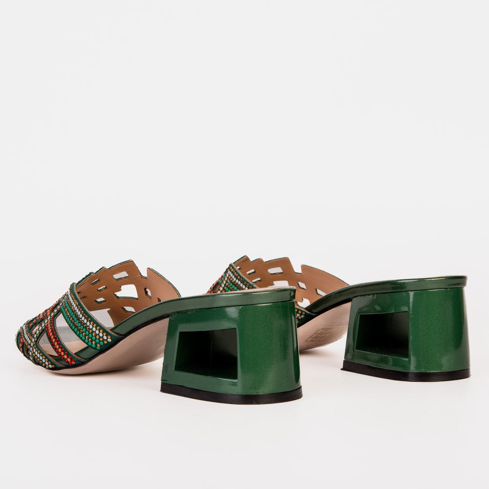 The Palma Green Glitter Leather Block Heel Sandal