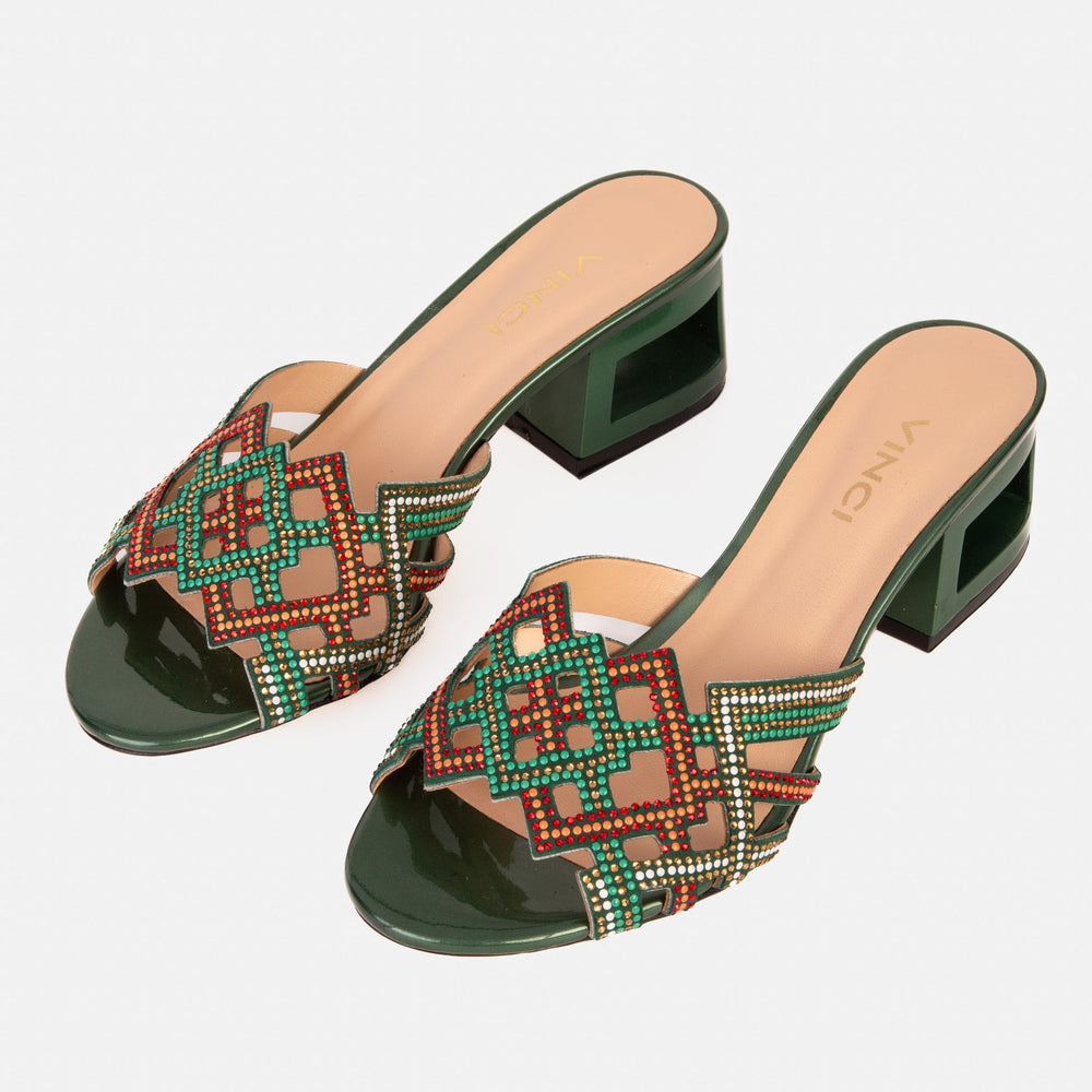 The Palma Green Glitter Leather Block Heel Sandal