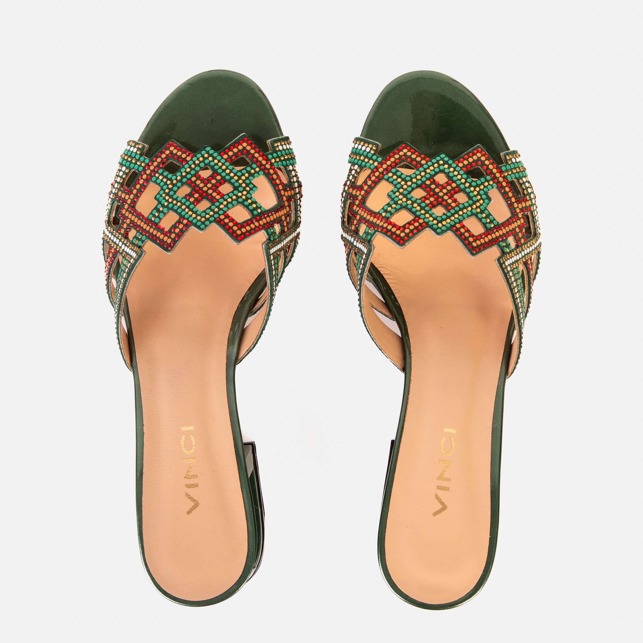 The Palma Green Glitter Leather Block Heel Sandal