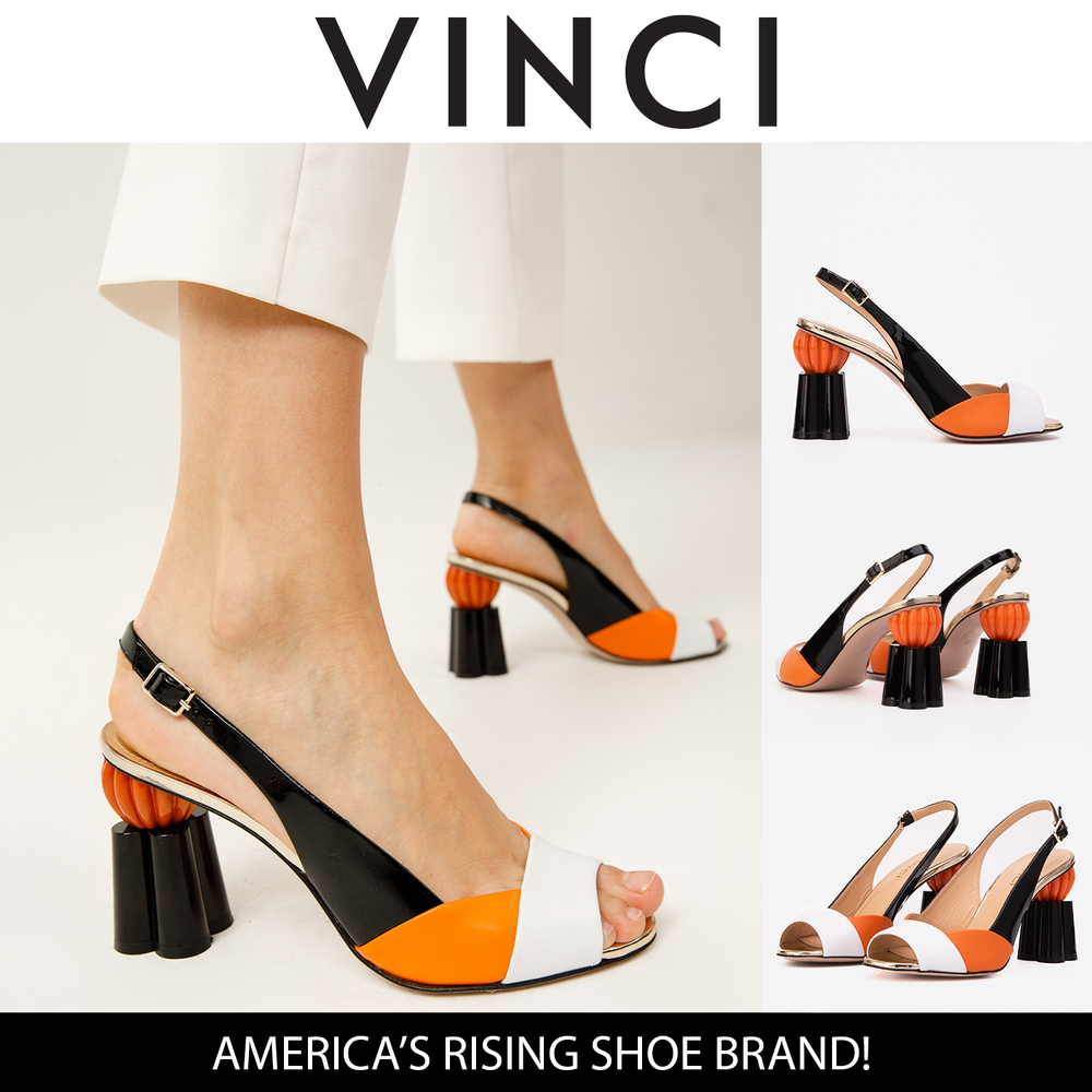 The Rize Black Orange Pumpkin Heel Leather Sandal