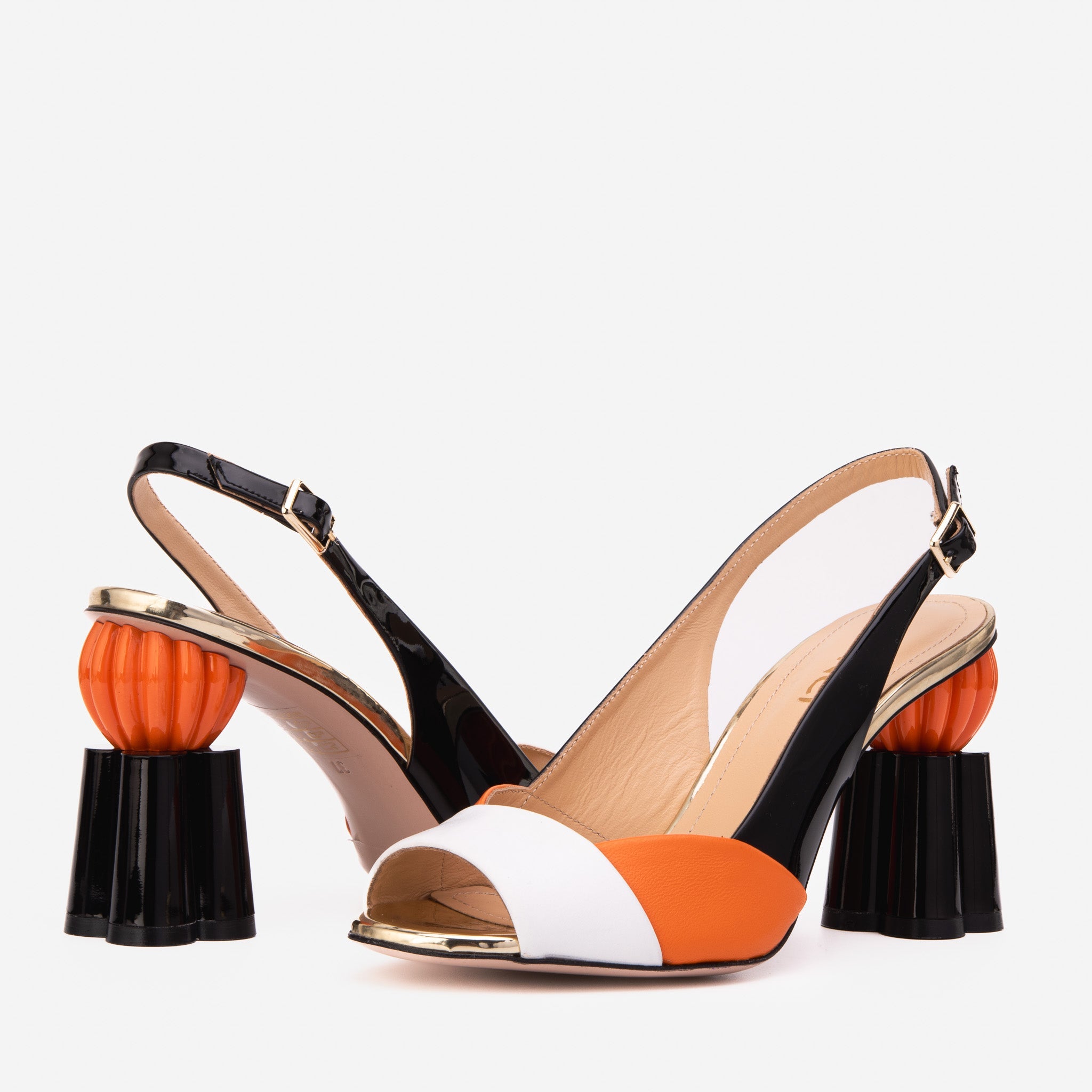 The Rize Black Orange Pumpkin Heel Leather Sandal
