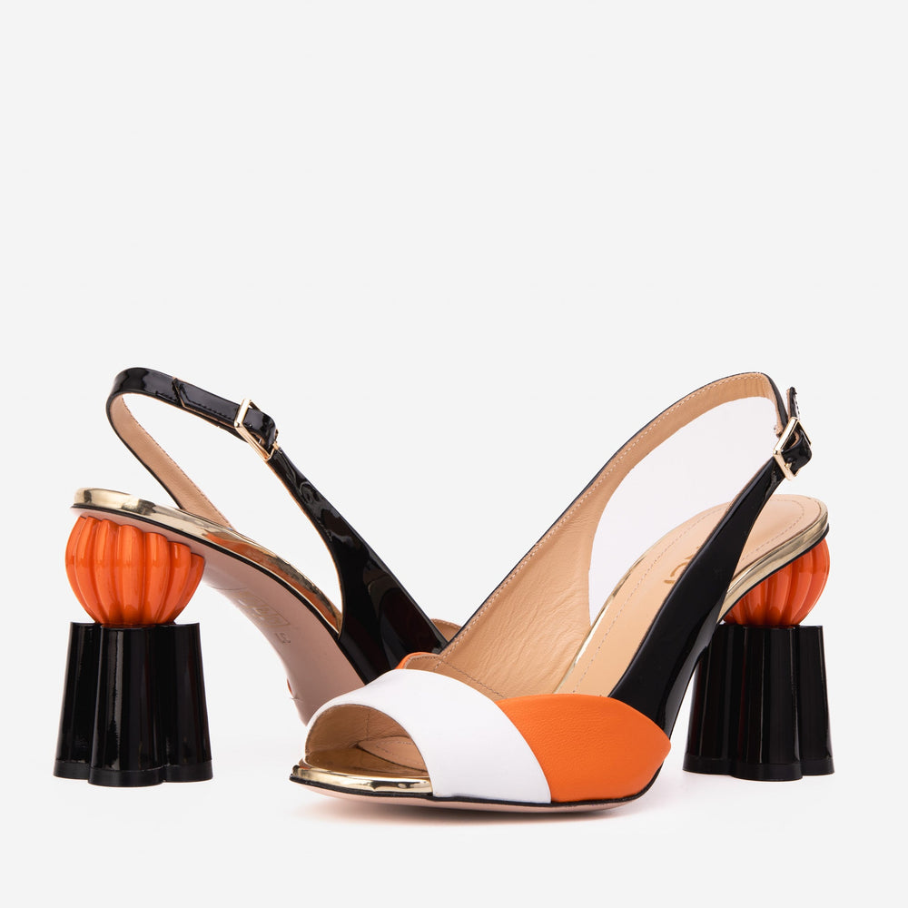 The Rize Black Orange Pumpkin Heel Leather Sandal